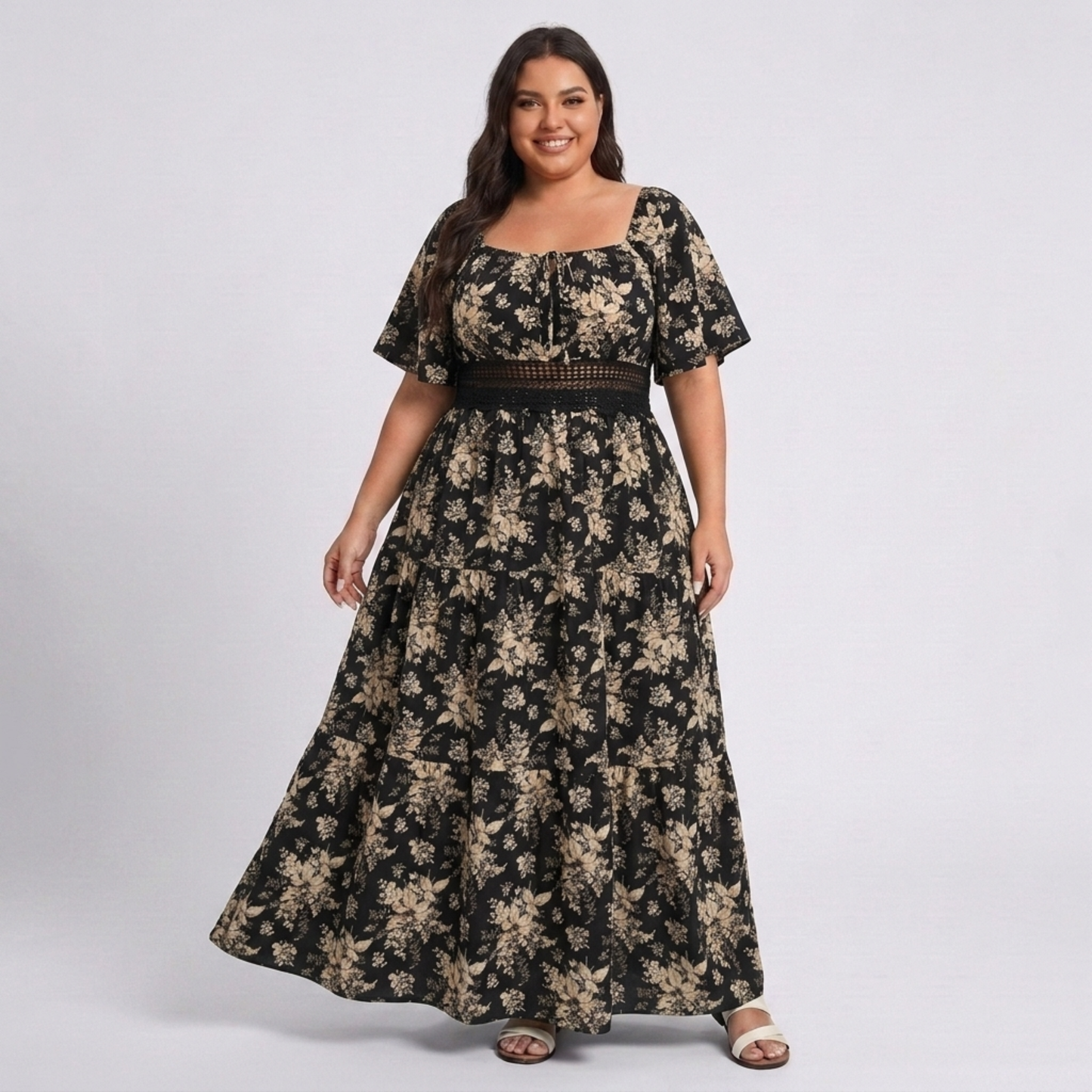 Plus Size Long Printed Country-Style Dress with Square Neck and Butterfly Sleeves
