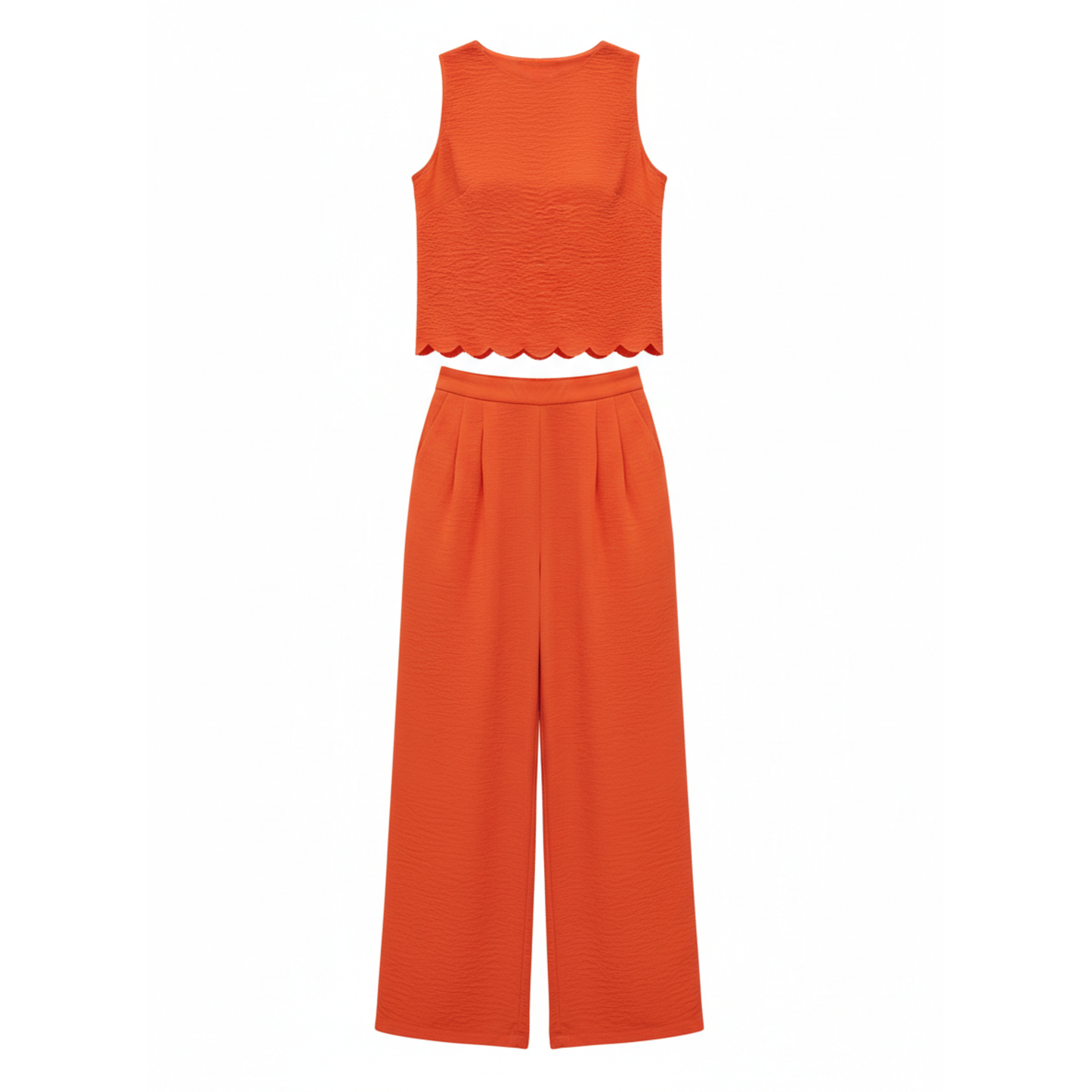 Two-piece women's set: sleeveless top with scalloped edge and wide ankle-length pants