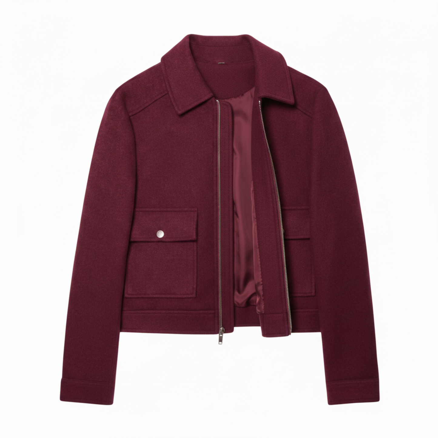 Short Polyester Jacket with Turn-Down Collar and Zipper Closure for Women