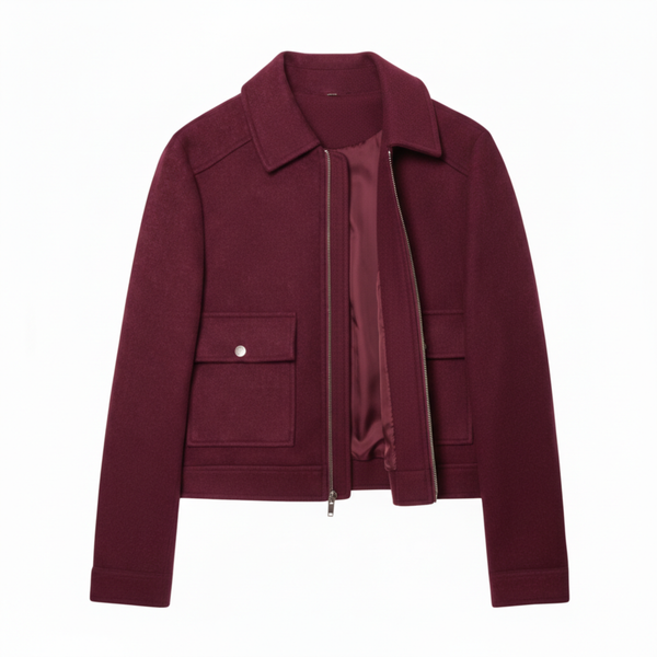 Short Polyester Jacket with Turn-Down Collar and Zipper Closure for Women