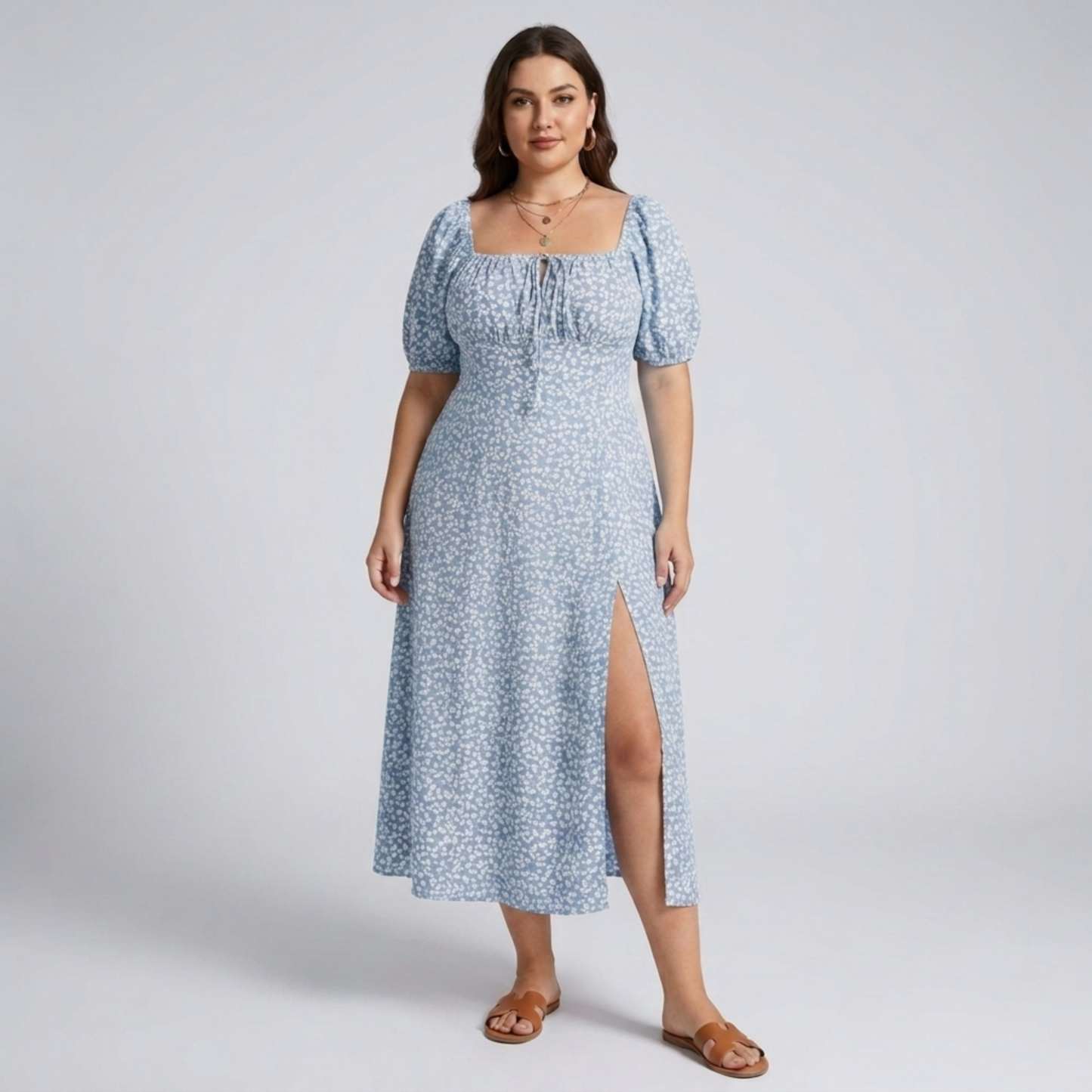 Plus size long dress with puff sleeves and print