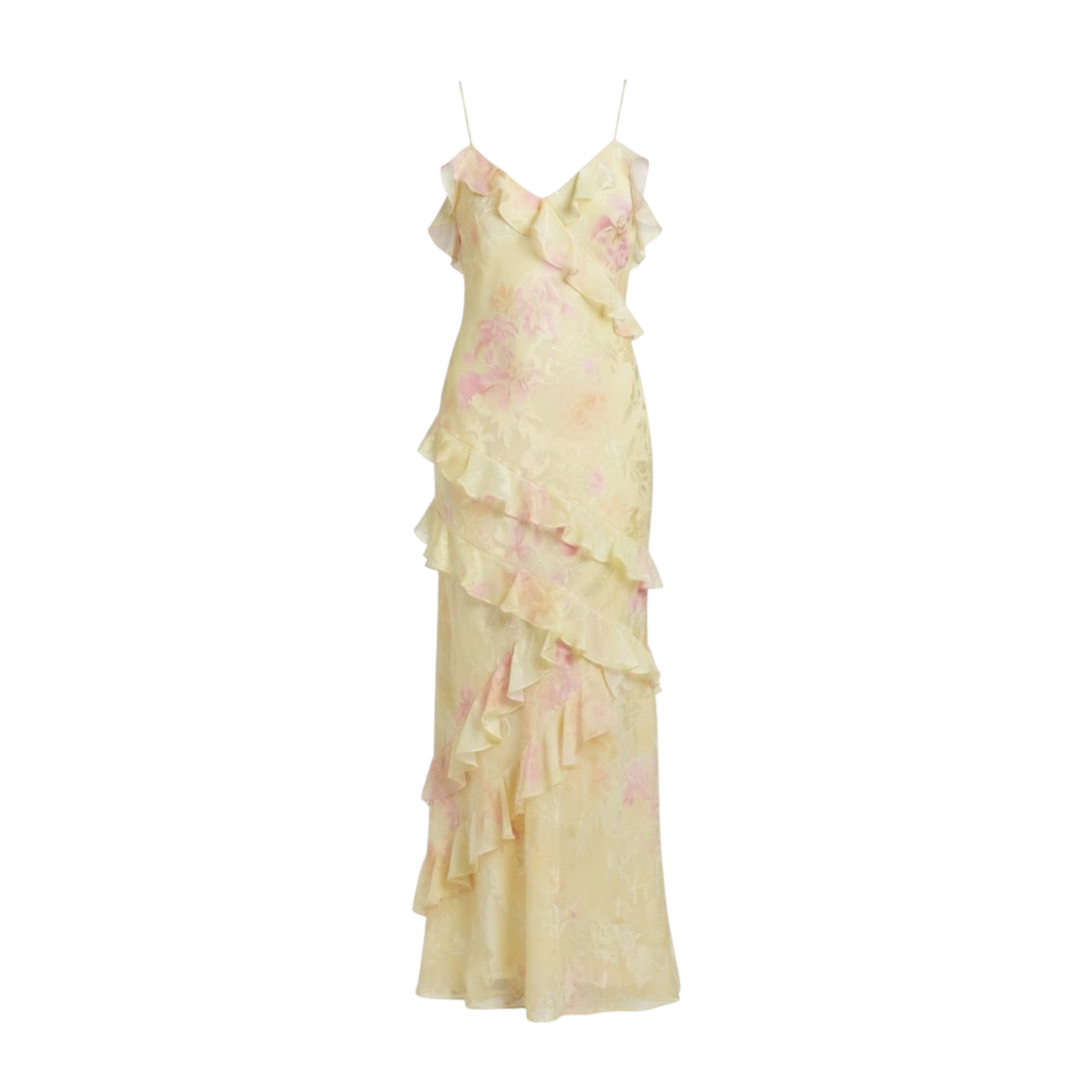 Long Floral Ruffle Dress with V-Neck and Thin Straps