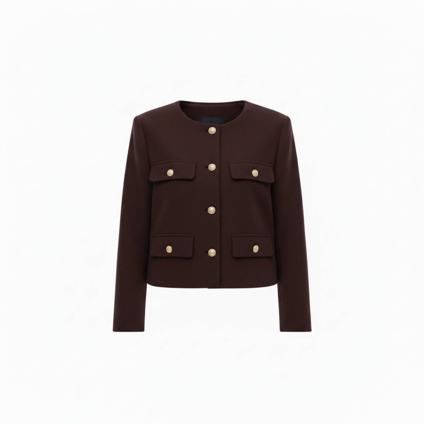 Polyester Round Neck Jacket with Gold Buttons and Pockets for Women
