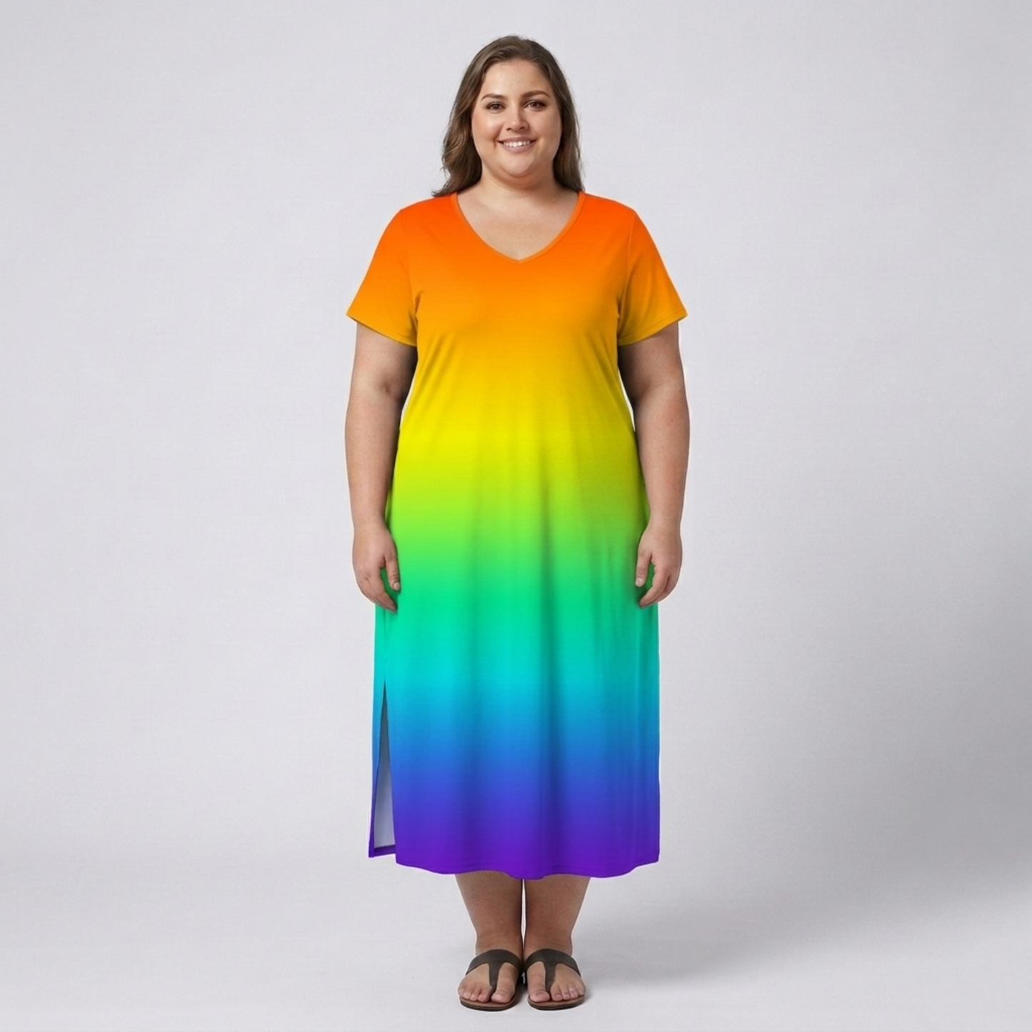 Plus size long dress for women with printed V-neck collar