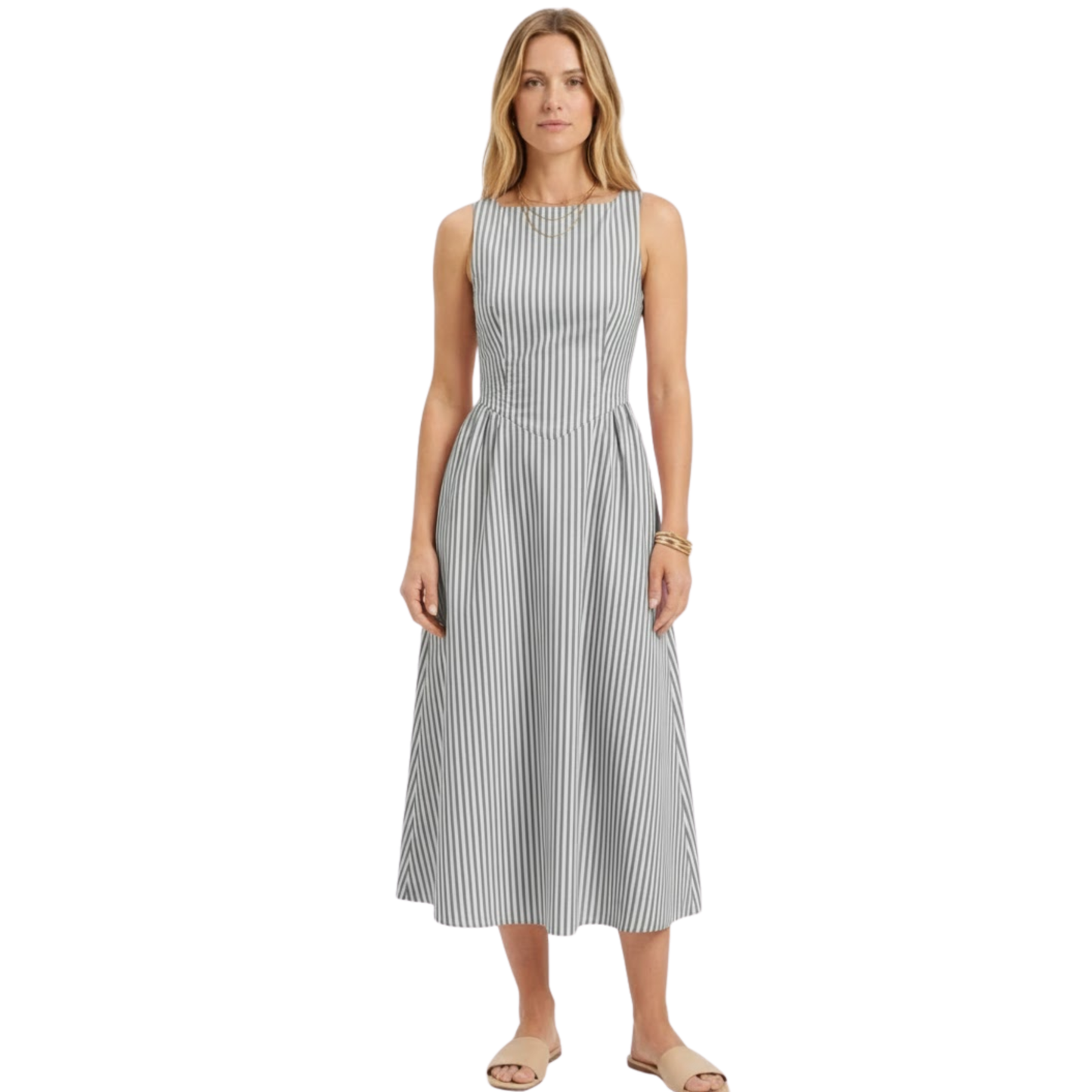 Sleeveless Long Dress with Vertical Stripes and High Collar for Women