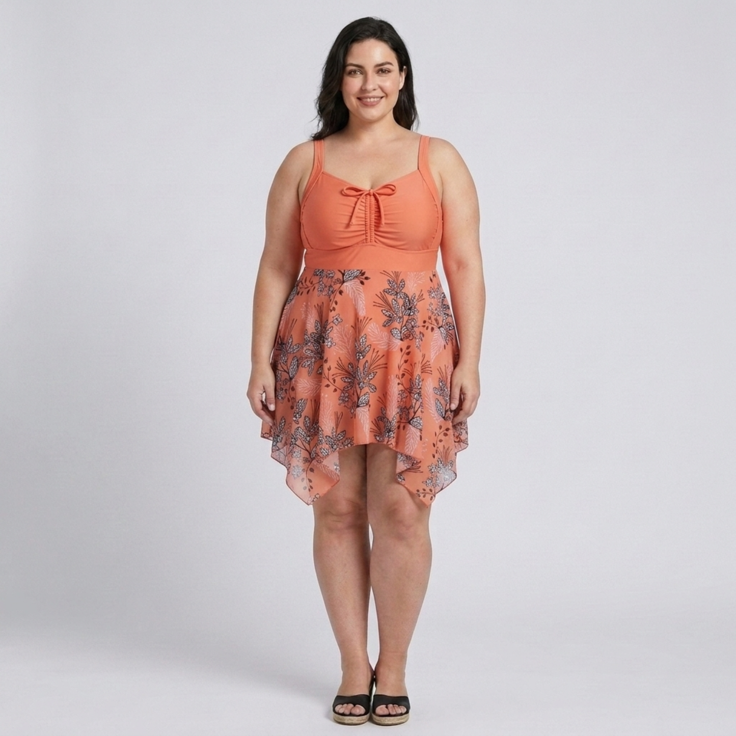 Plus Size Women's Swimsuit Dress with Printed Integrated Skirt