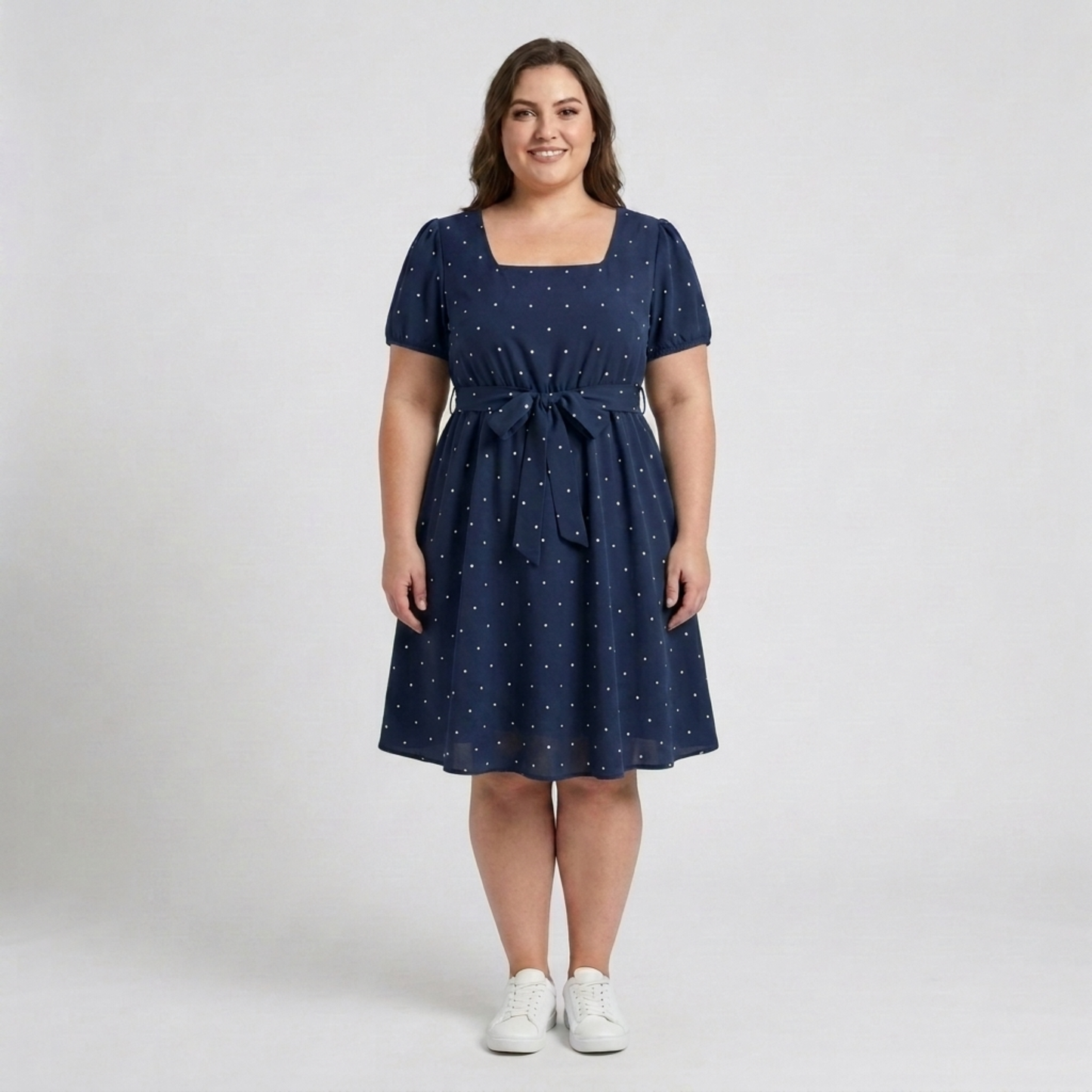 Plus Size Polka Dot Skater Dress for Women with Square Neck and Puff Sleeves