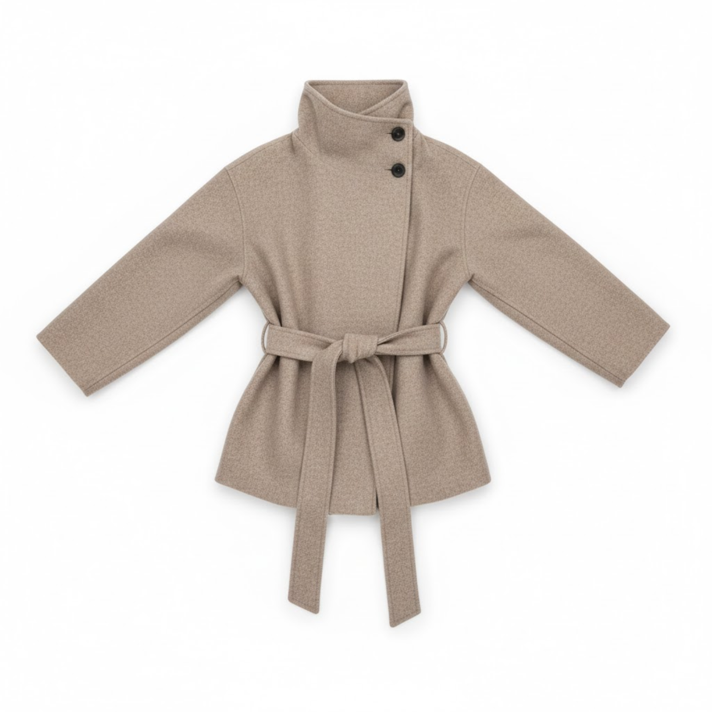 Women's faux fur coat with high collar and belt, warm and elegant jacket