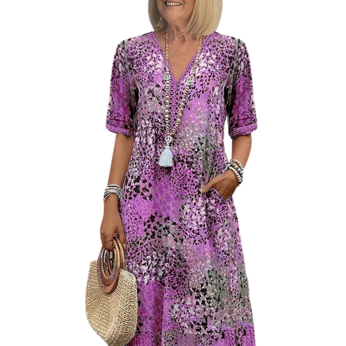 Women's mid-length flared dress — printed pattern and V-neck — casual
