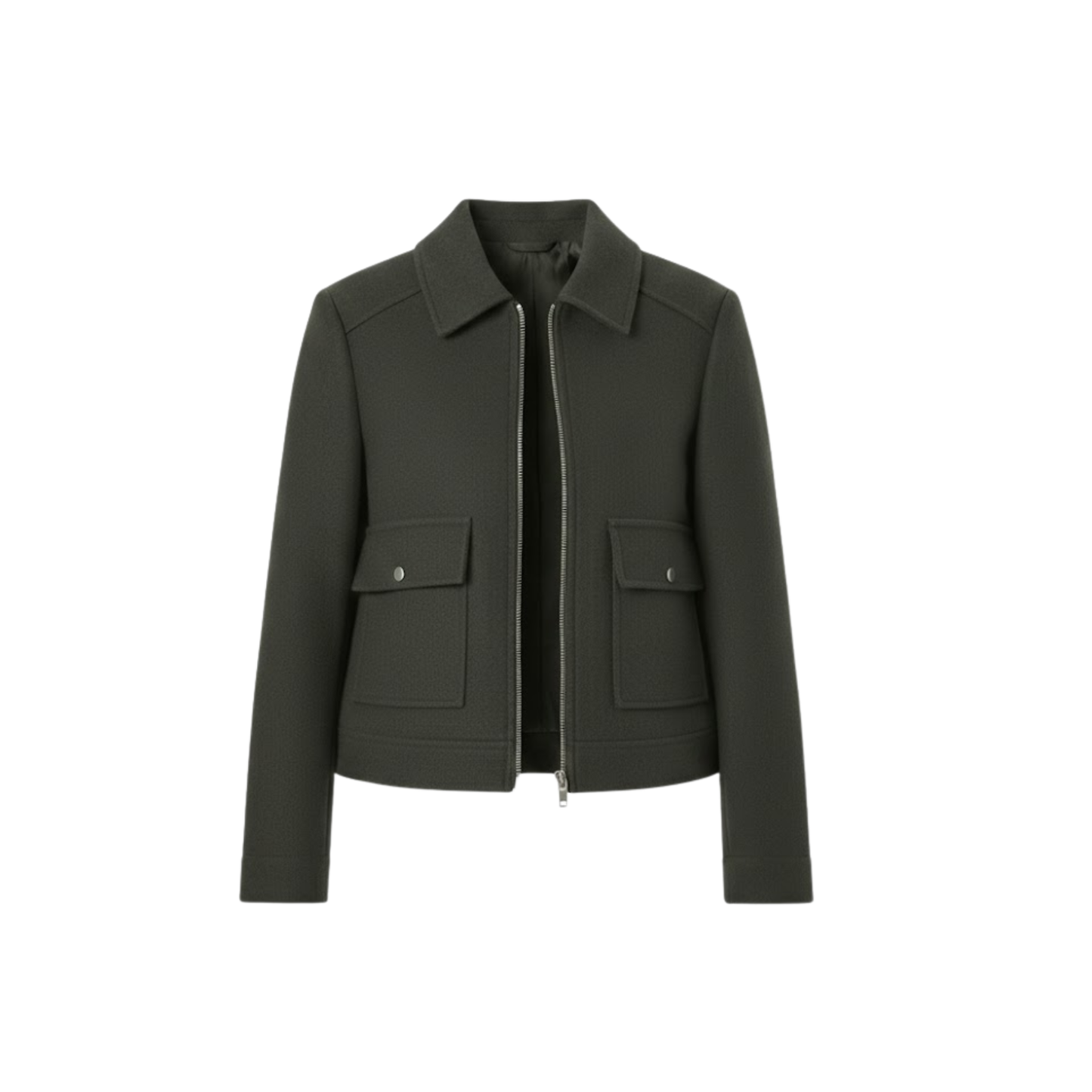 Women's short double-breasted jacket with tailored collar, stylish structured casual design