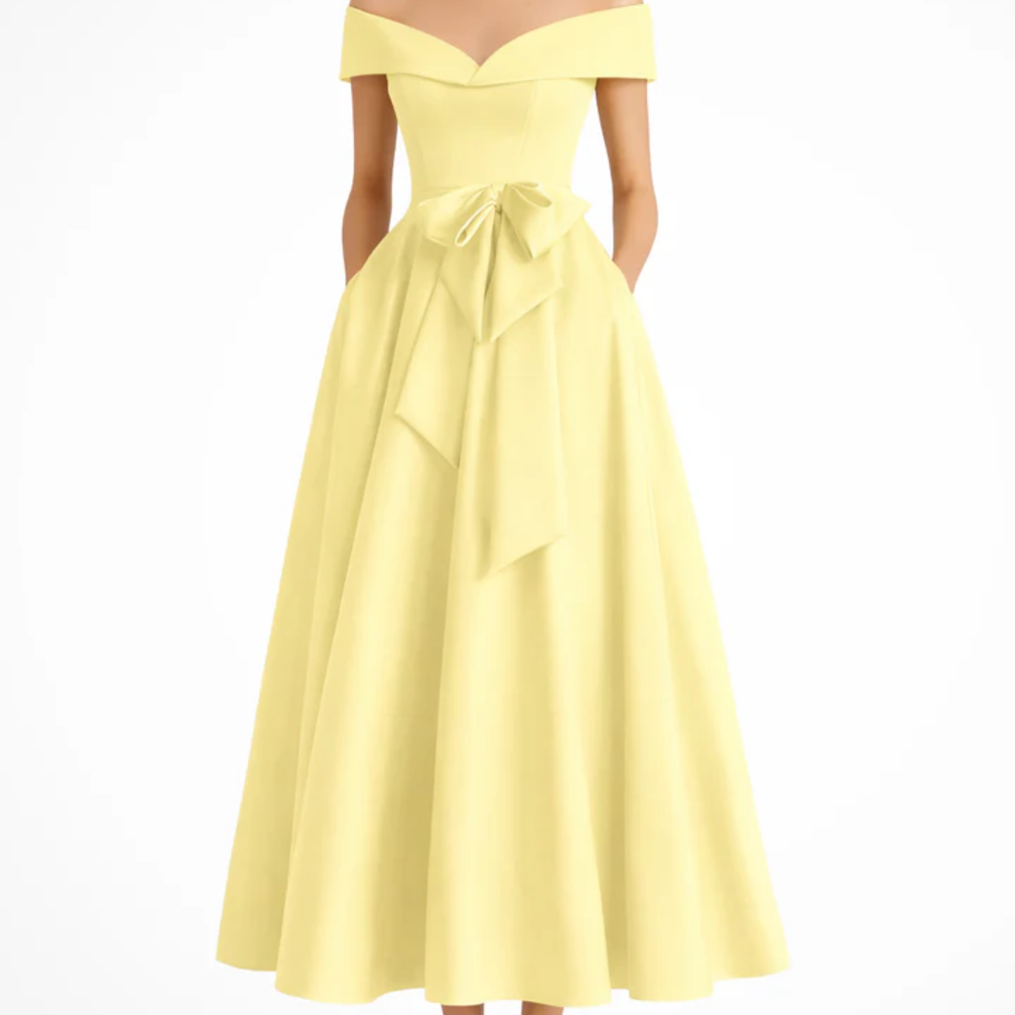 Midi Flared Wedding Guest Dress with Off-Shoulder and Waist Bow