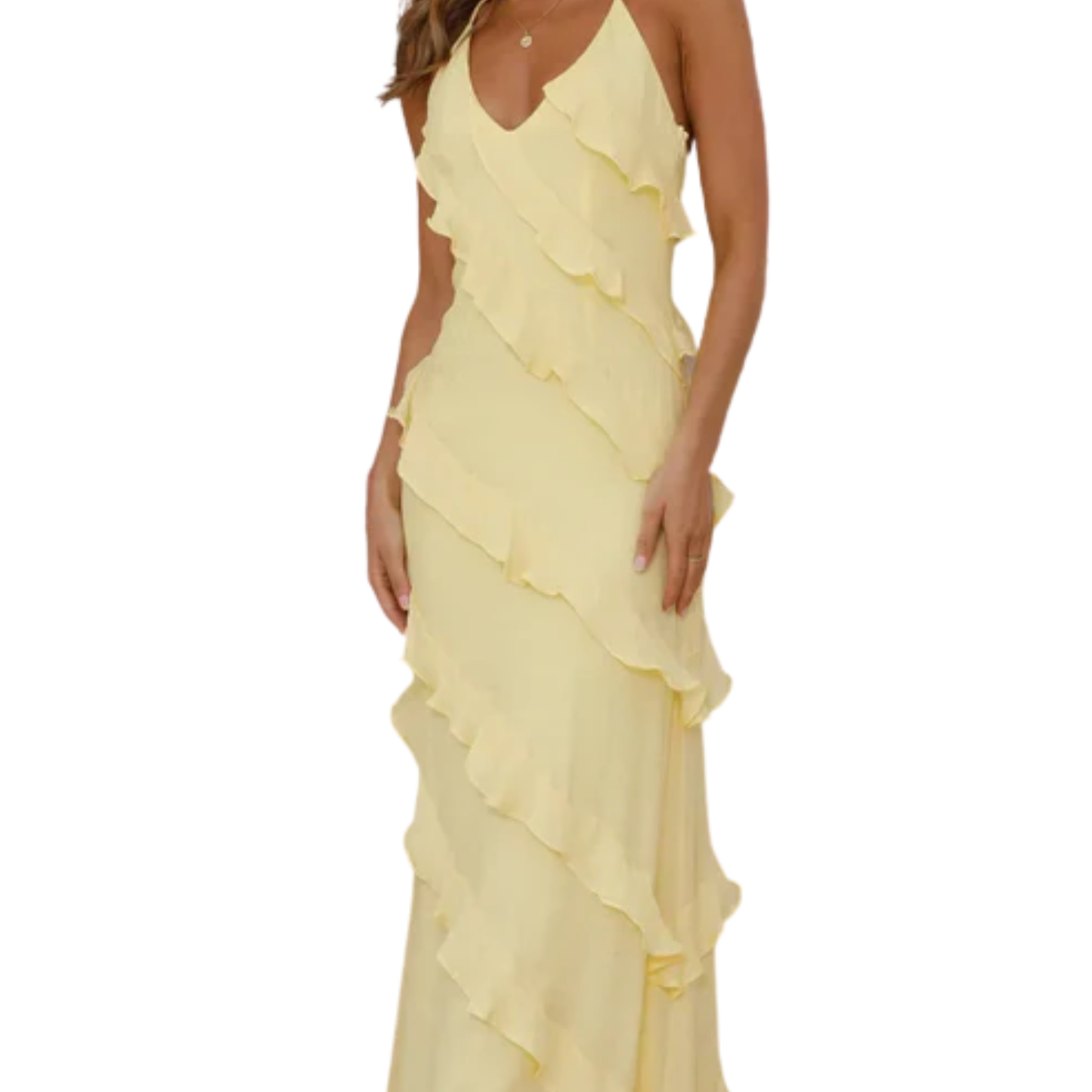 Women's tiered long dress — V halter neck for evening and party — vacation