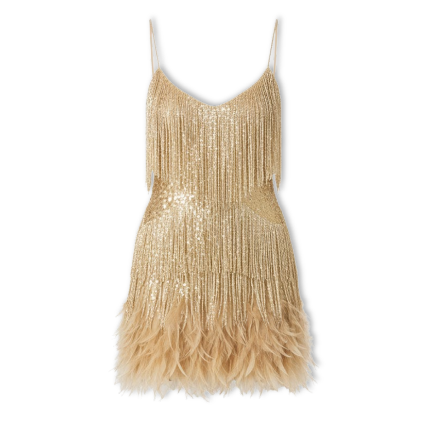 Evening gown with sequins and feathers, V-neckline, and thin straps