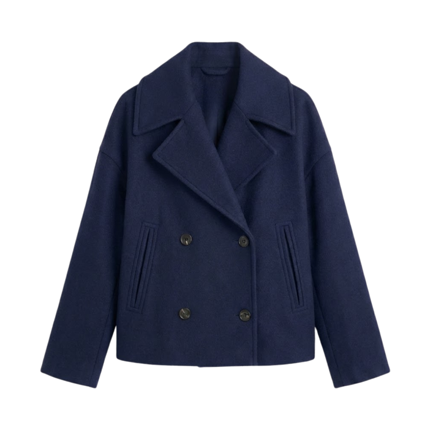 Short wool coat for women with double-breasted front and relaxed lapel collar