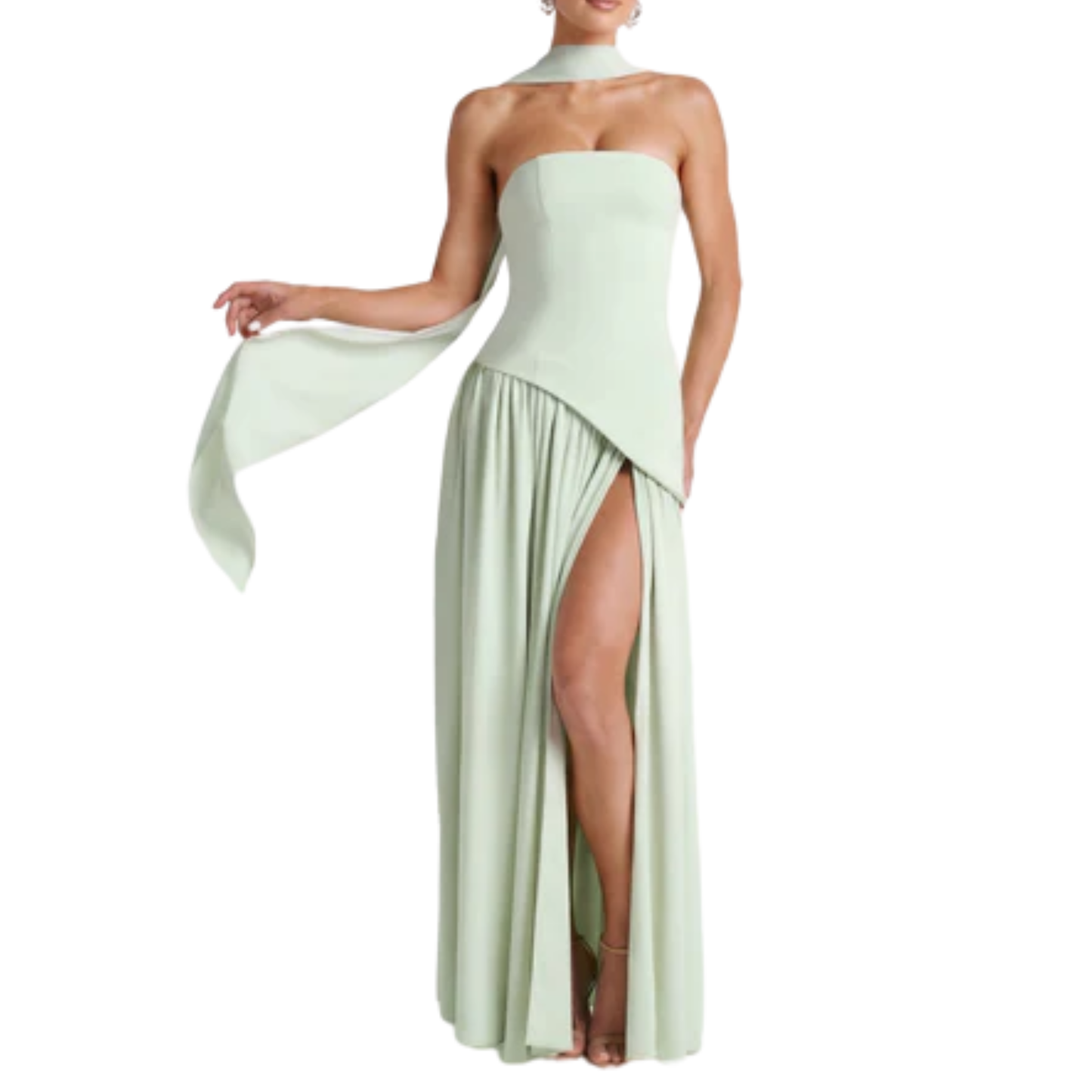 Long evening gown — scarf neckline and pleated slit skirt | ceremony