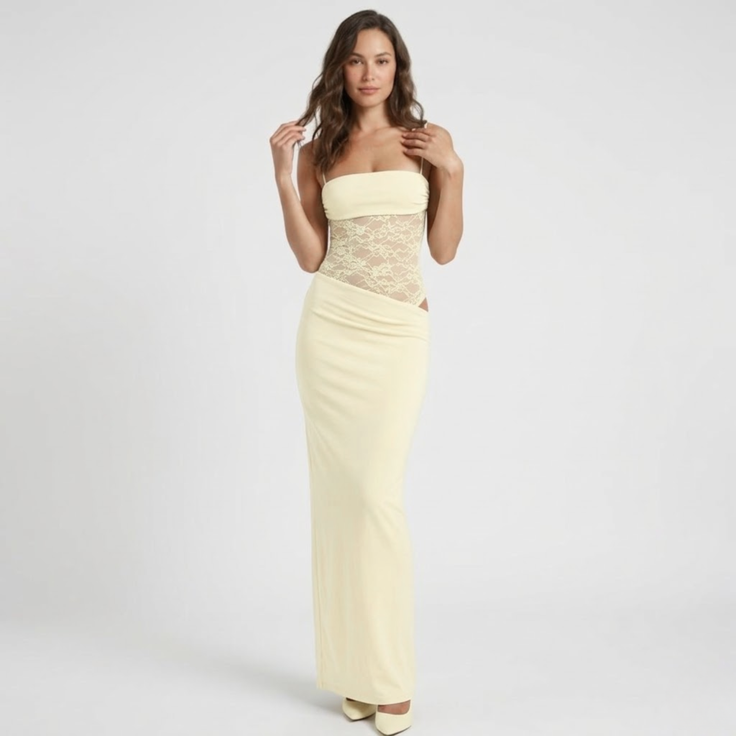 Fitted Long Evening Dress with Lace Bustier and Straps for Women
