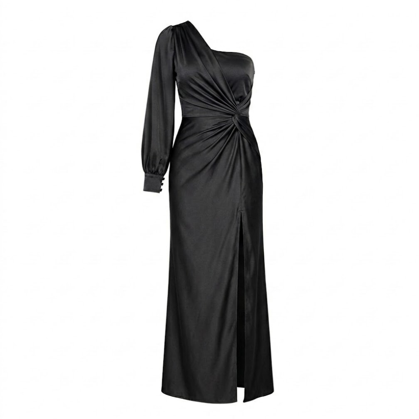 Satin Long Dress with Off-Shoulder, Draped Bow, and Side Slit