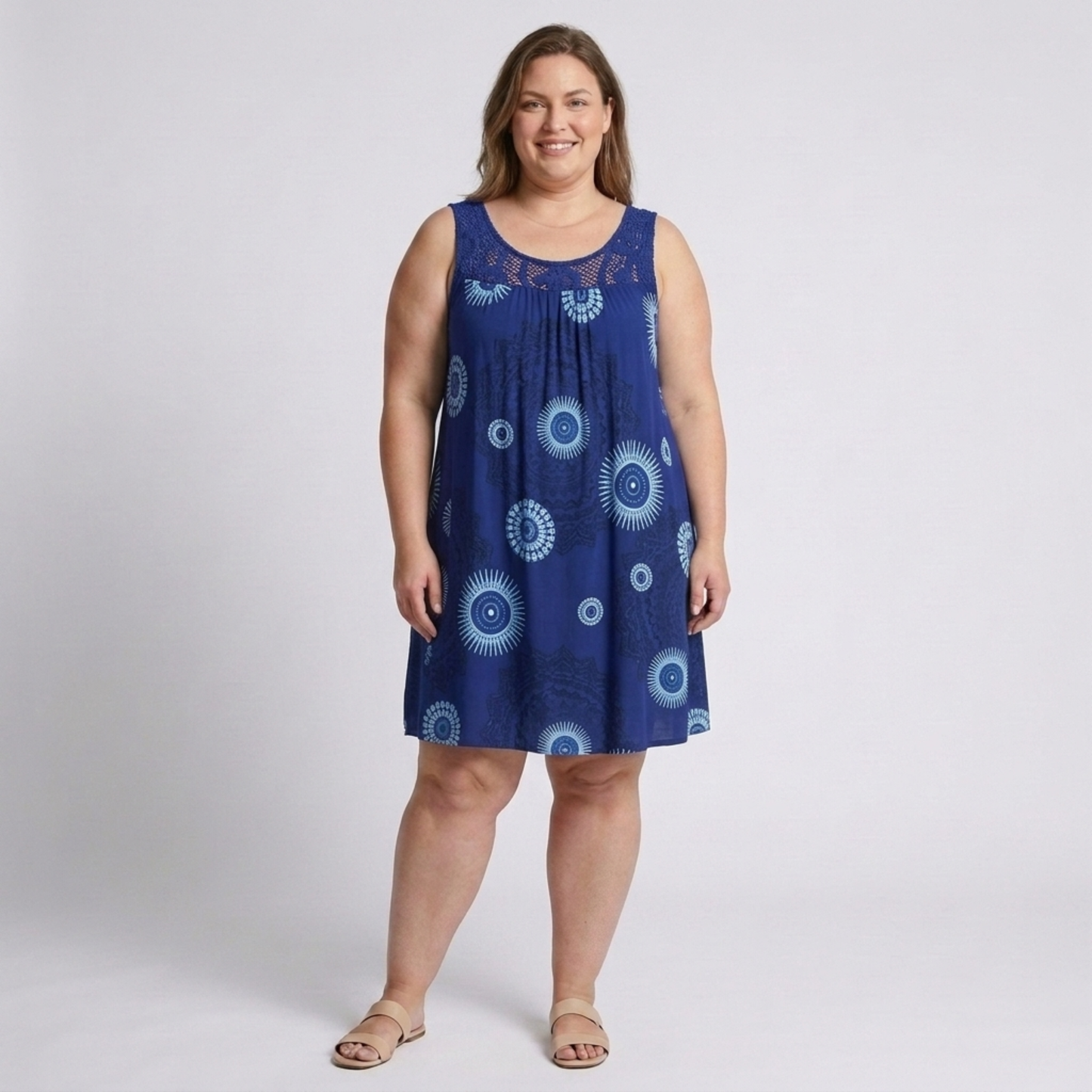 Plus Size Women's Summer Dress in Vintage Printed Cotton with Lace Details