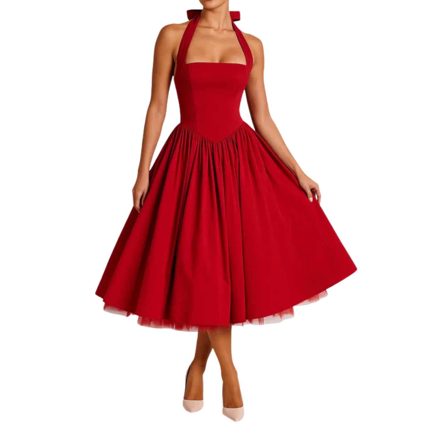 Women's midi halter dress — backless and full skirt — wedding and ceremony