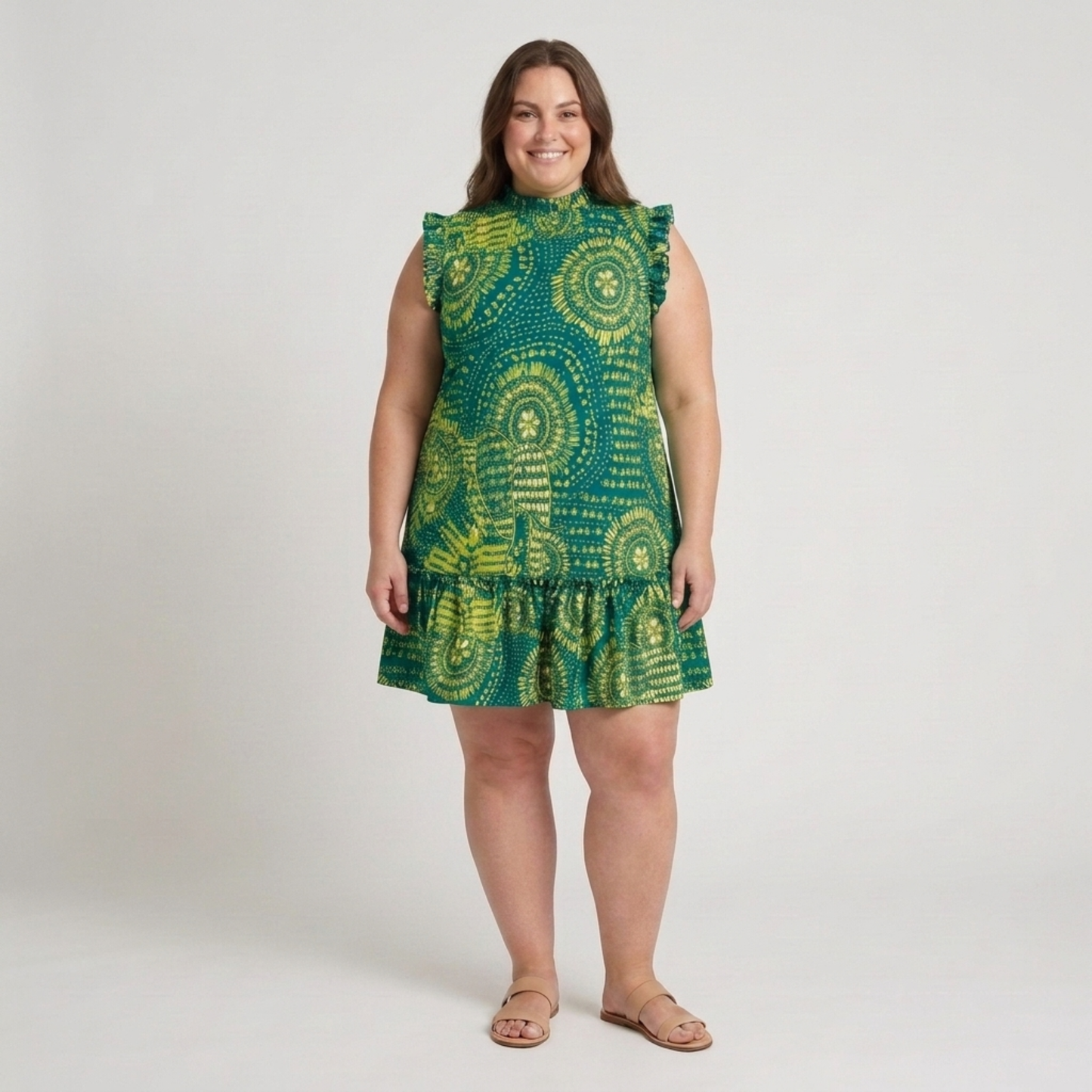 Plus size mid-length dress for women with round neckline and gathered hem
