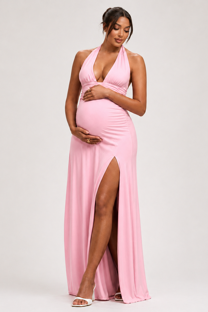 Long maternity dress with open back and slit