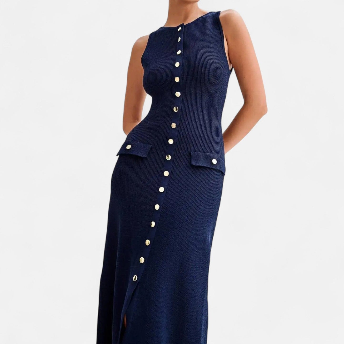 Ancient World | Long Knit Dress with Buttons for Women – Sleeveless Summer Elegance