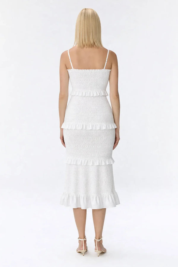 Midi maternity smocked dress with ruffles