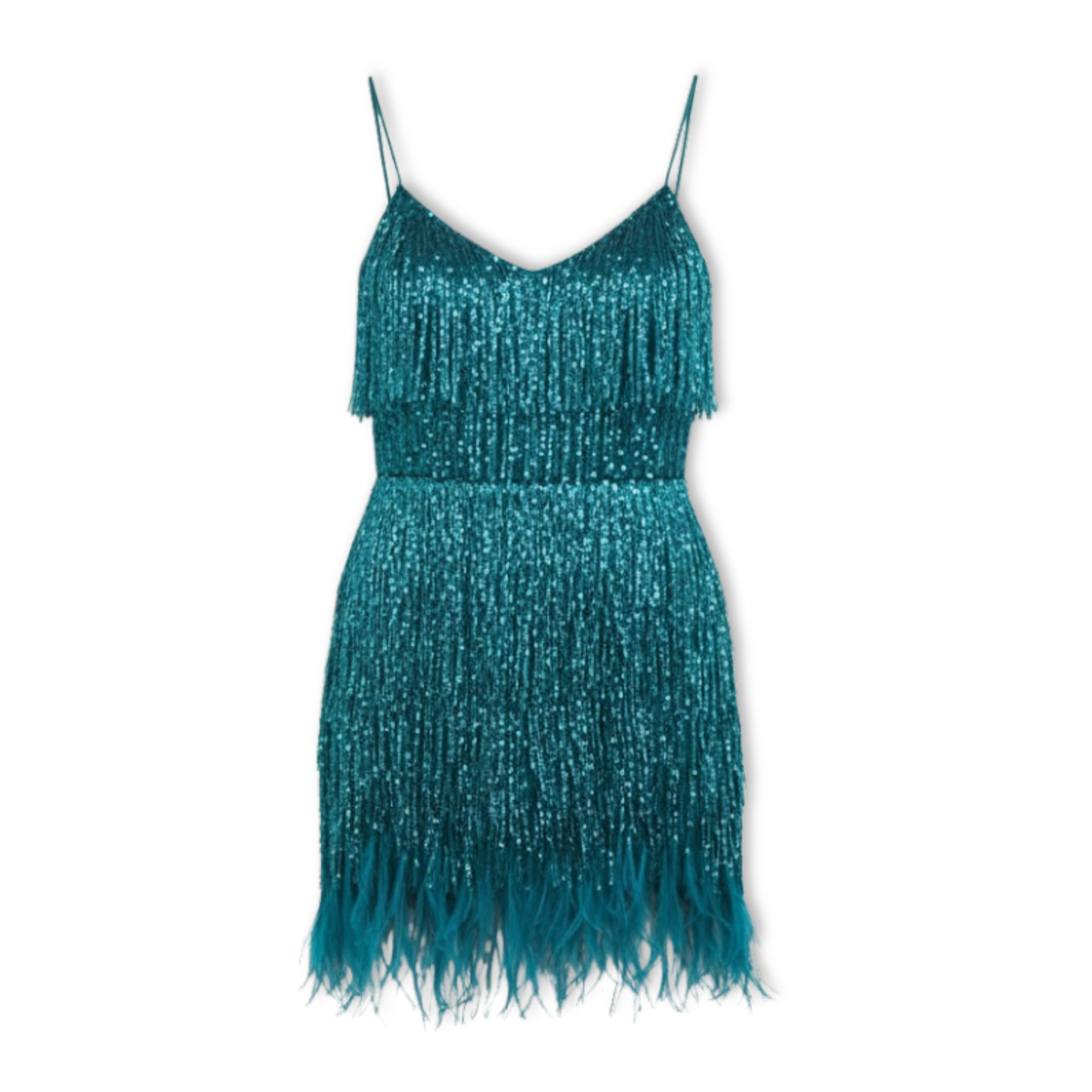 Evening gown with sequins and feathers, V-neckline, and thin straps
