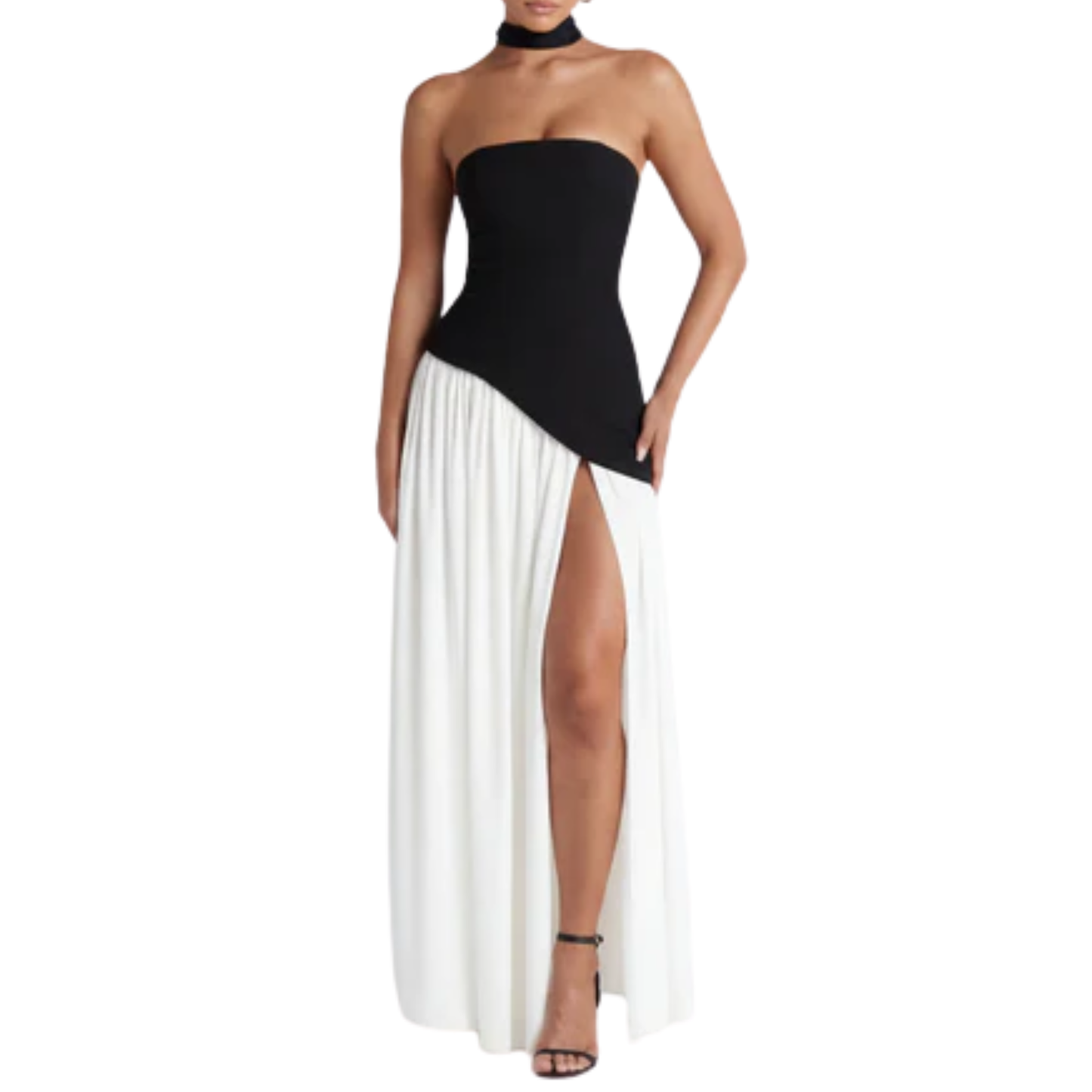 Long evening gown — scarf neckline and pleated slit skirt | ceremony