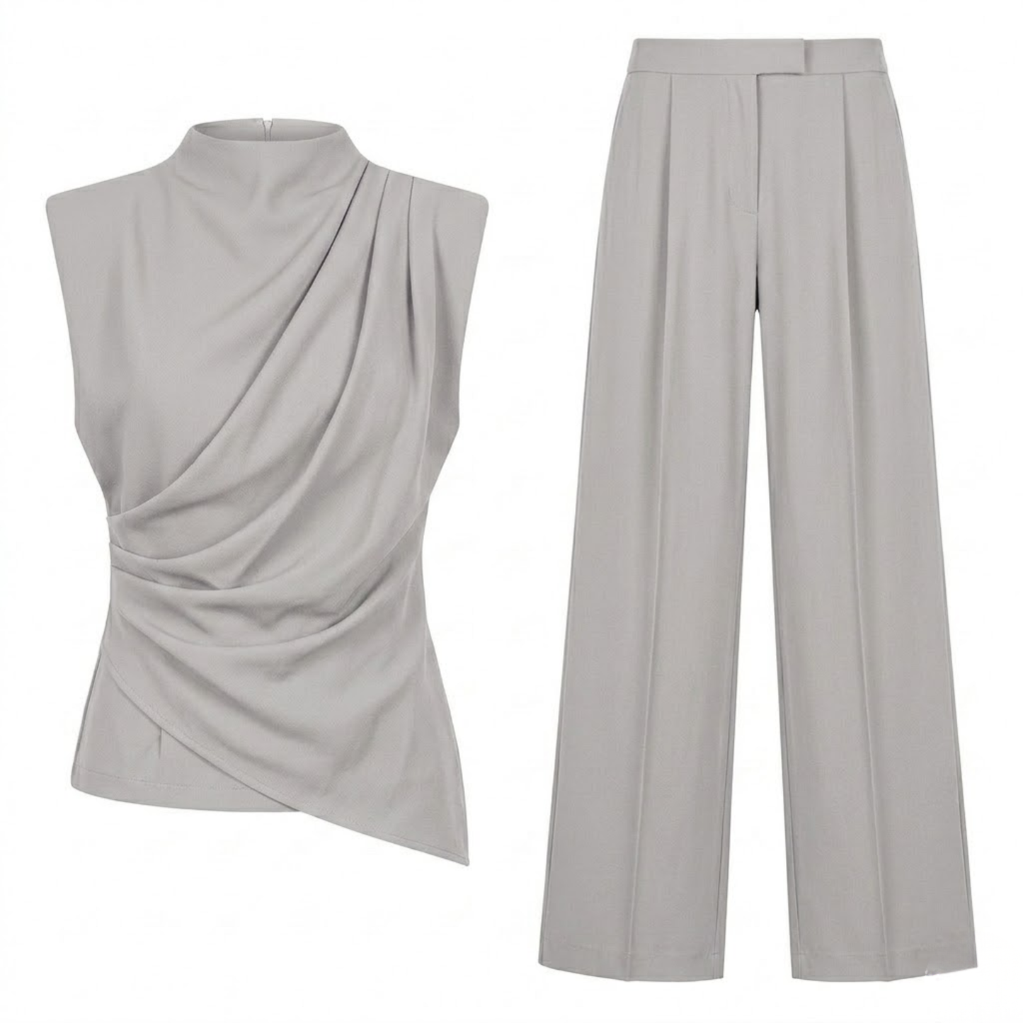 Women's Two-Piece Set with Draped Sleeveless Top and Wide-Leg Flowing Pants
