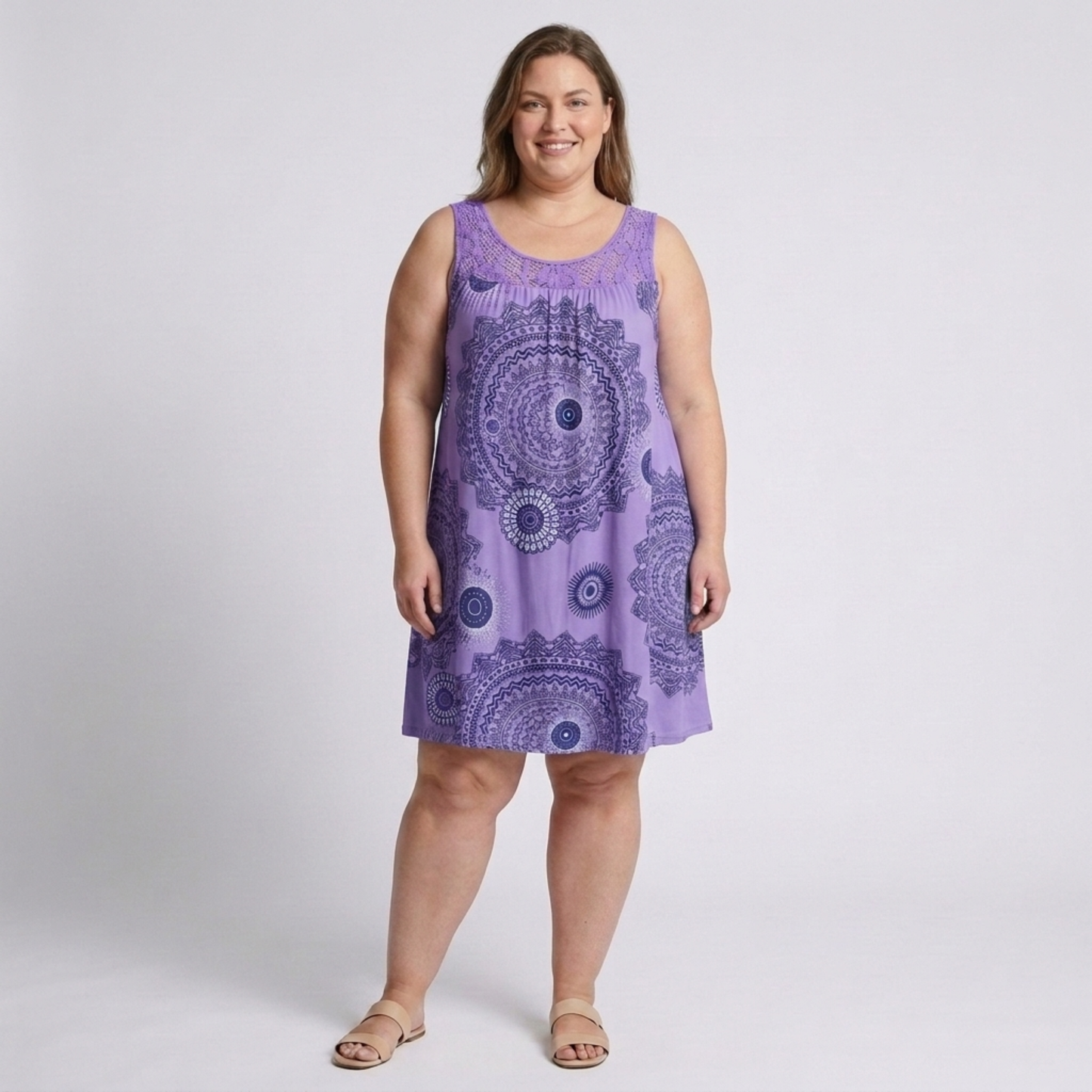 Plus Size Women's Summer Dress in Vintage Printed Cotton with Lace Details