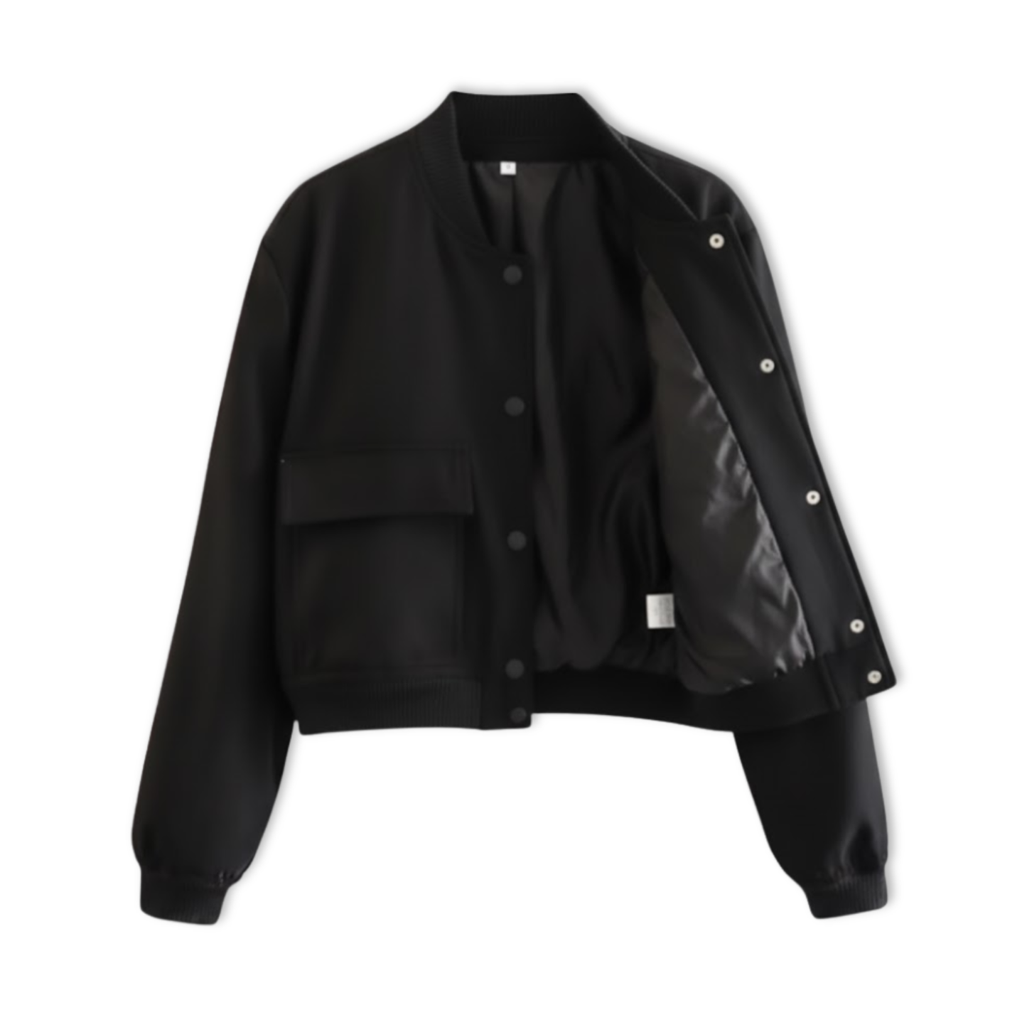 Short women's bomber jacket with snap buttons and large patch pockets
