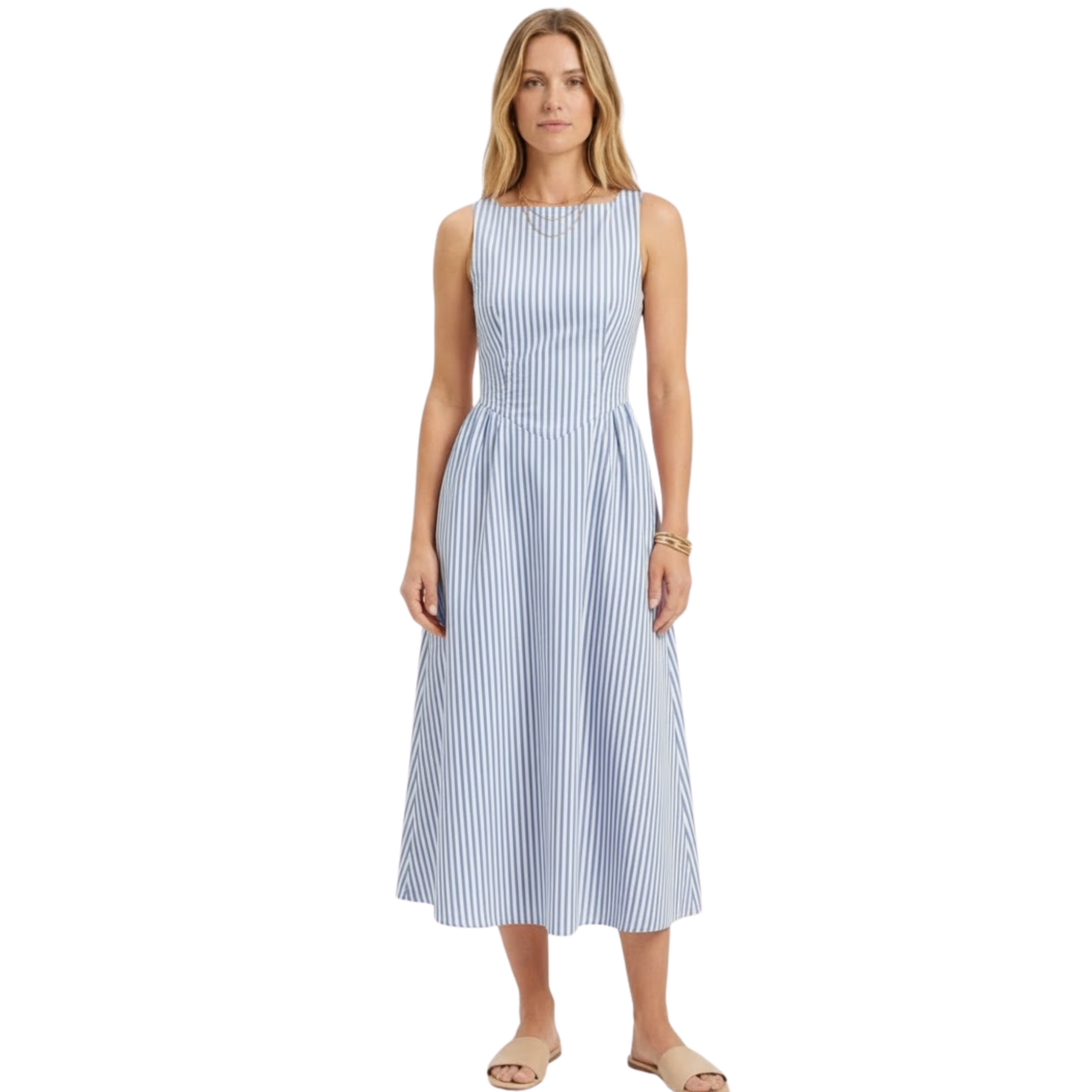 Sleeveless Long Dress with Vertical Stripes and High Collar for Women