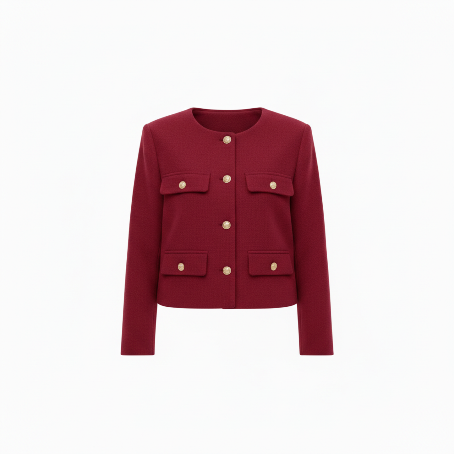 Polyester Round Neck Jacket with Gold Buttons and Pockets for Women