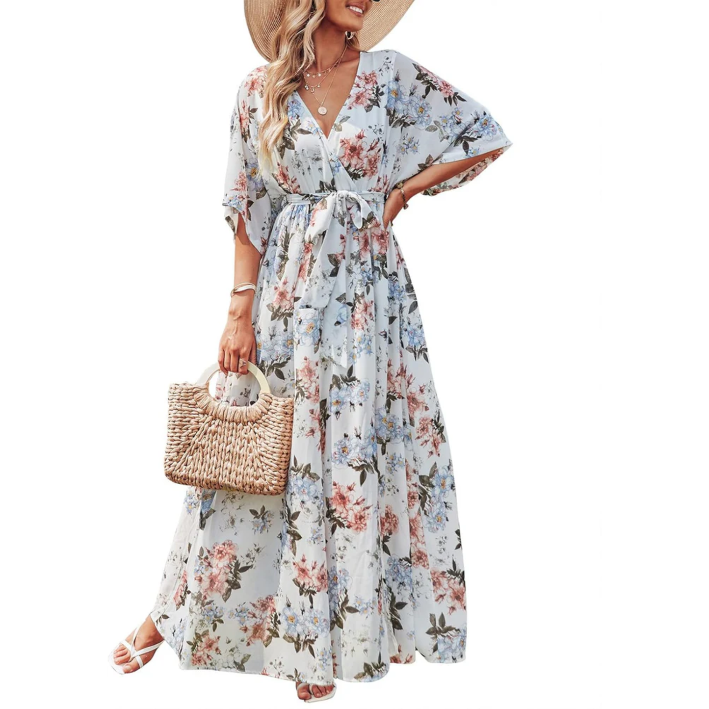 Floral maxi kimono dress — bohemian style — summer vacation