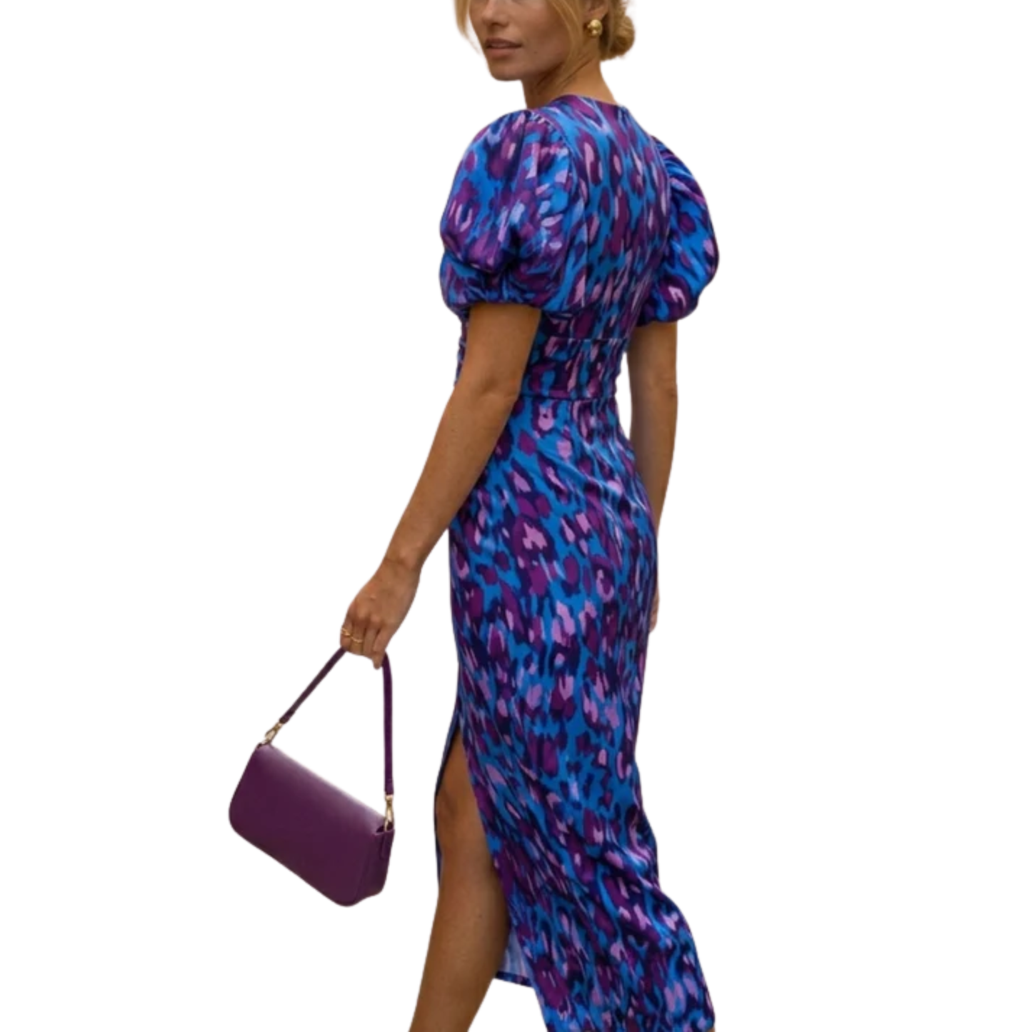 Printed long dress — V-neck and puff sleeves — party