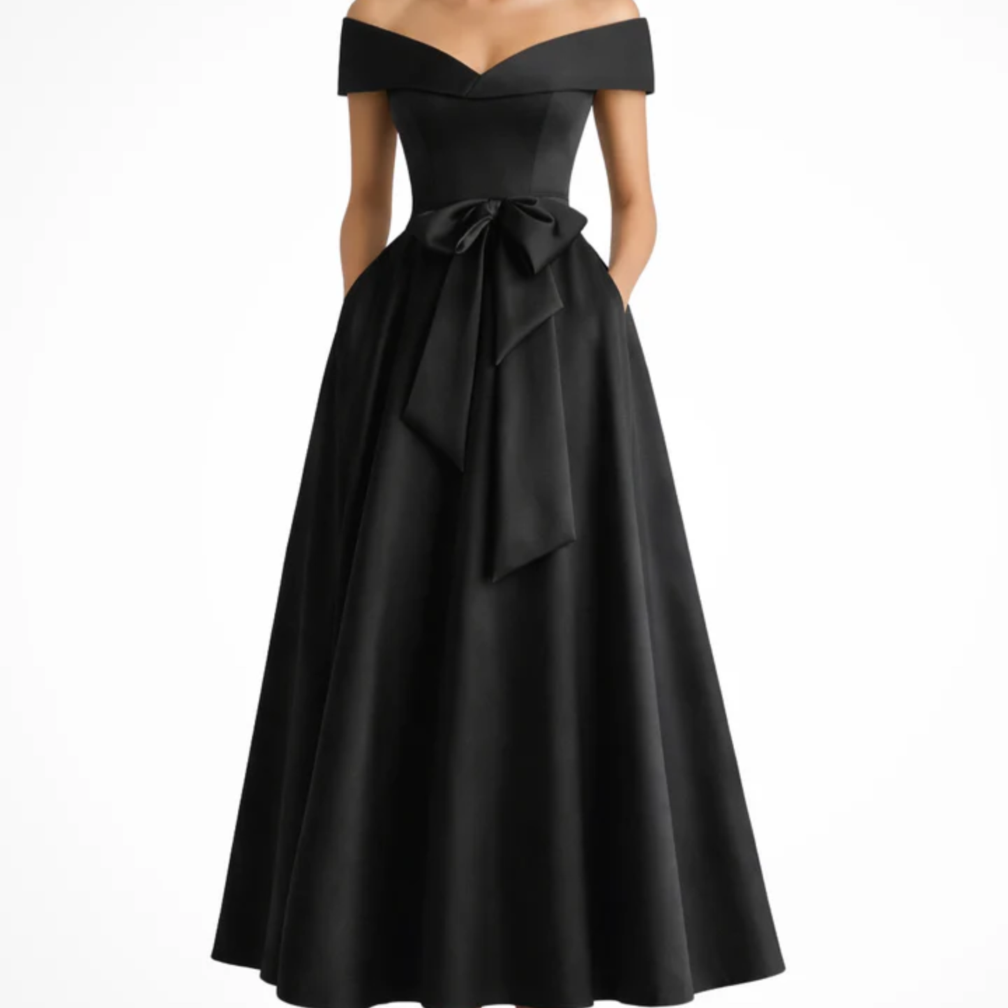 Midi Flared Wedding Guest Dress with Off-Shoulder and Waist Bow