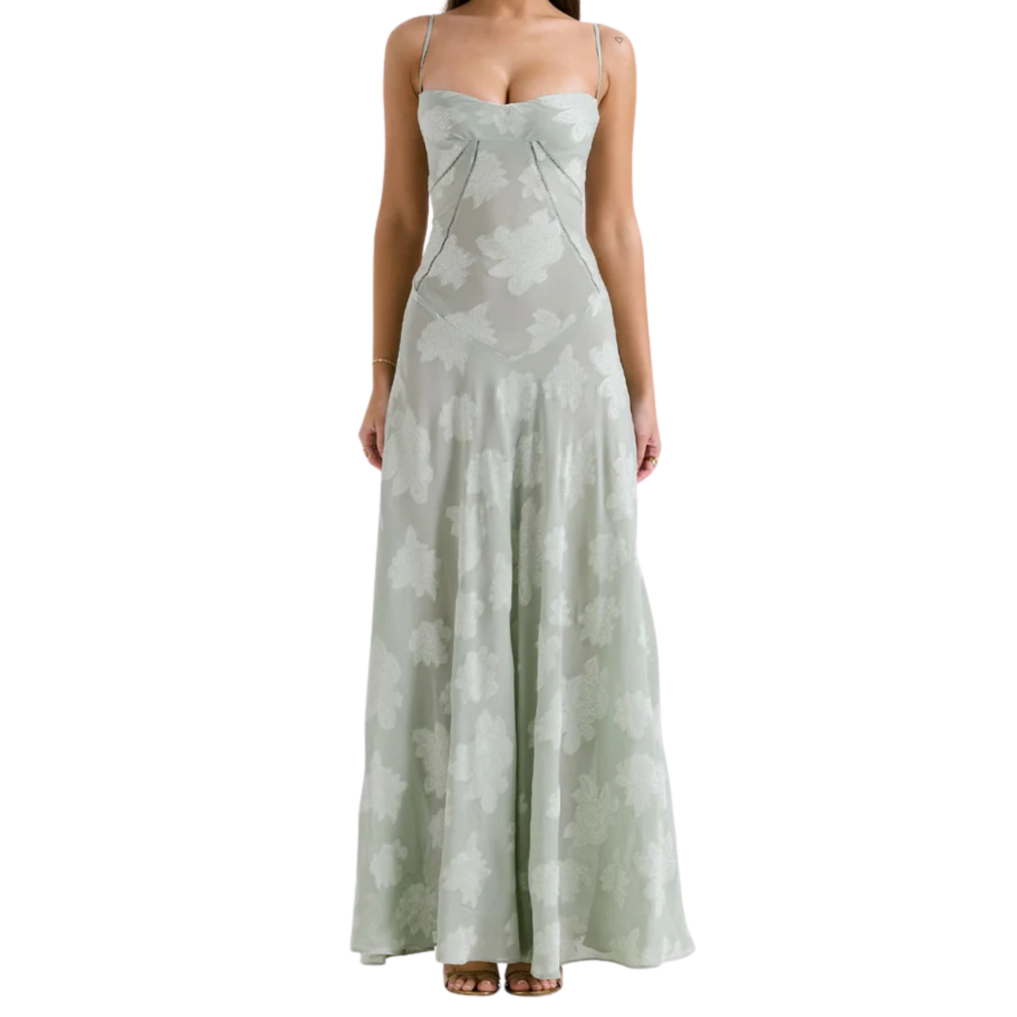 Long Evening Dress with Floral Embroidery Bustier and Flared Cut for Women