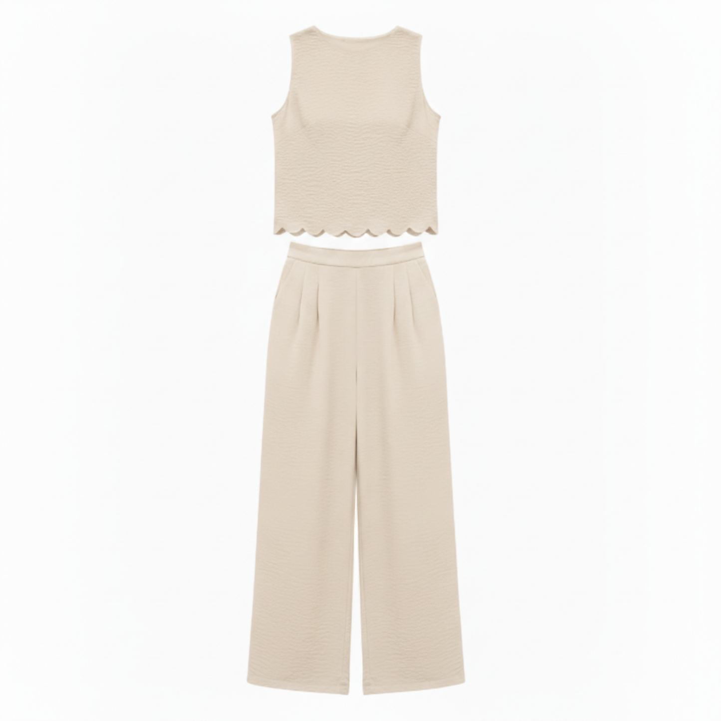 Two-piece women's set: sleeveless top with scalloped edge and wide ankle-length pants