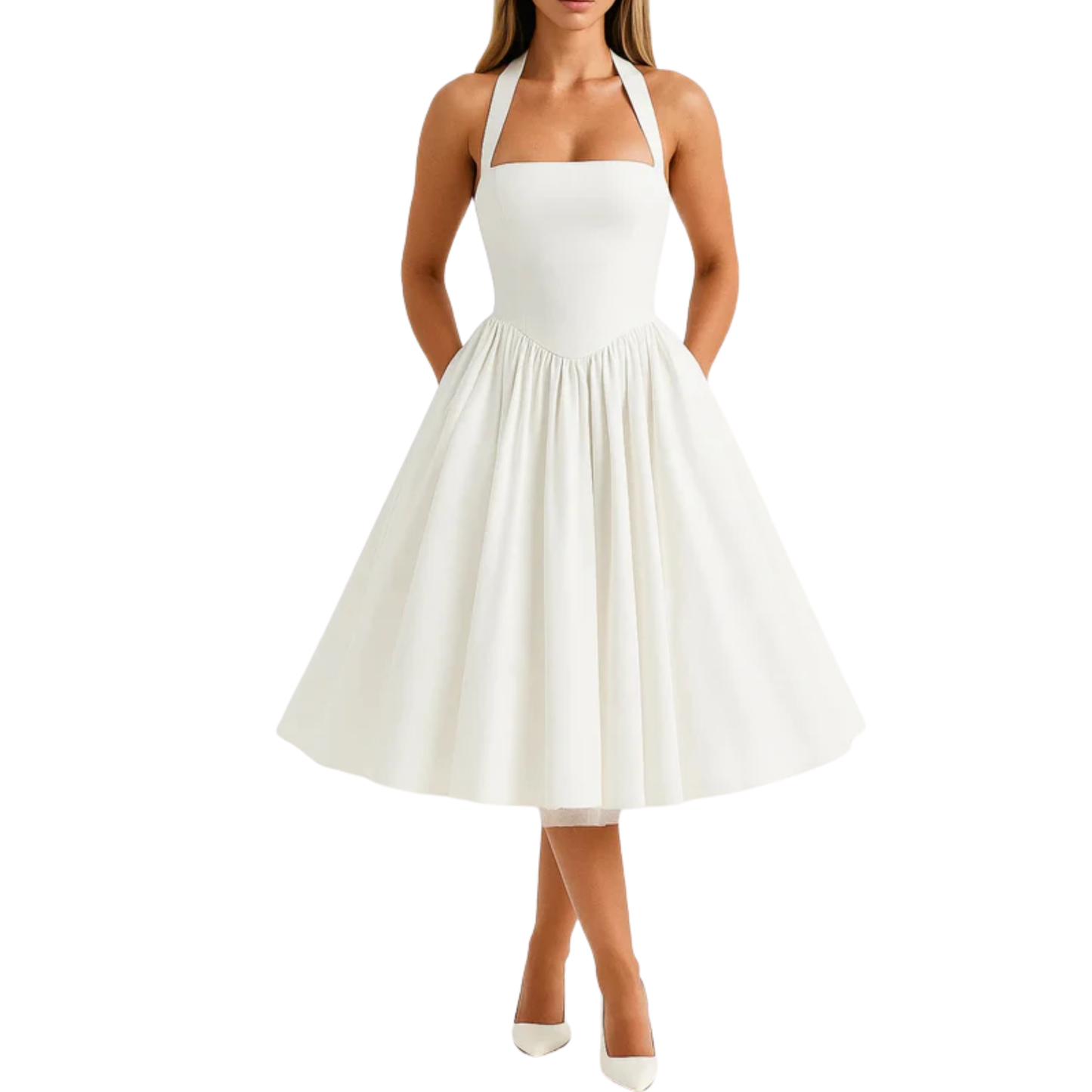 Women's midi halter dress — backless and full skirt — wedding and ceremony