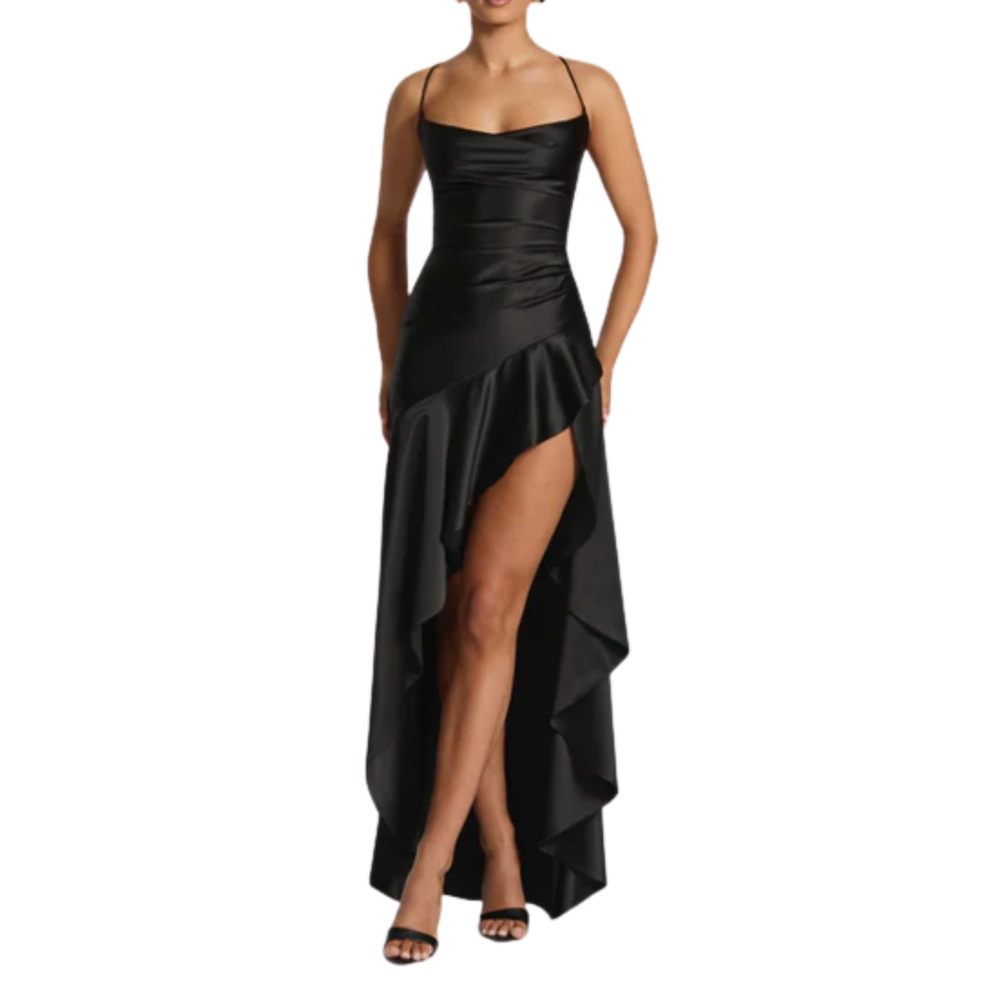 Women's long dress — satin with asymmetrical hem and ruffles | chic evening