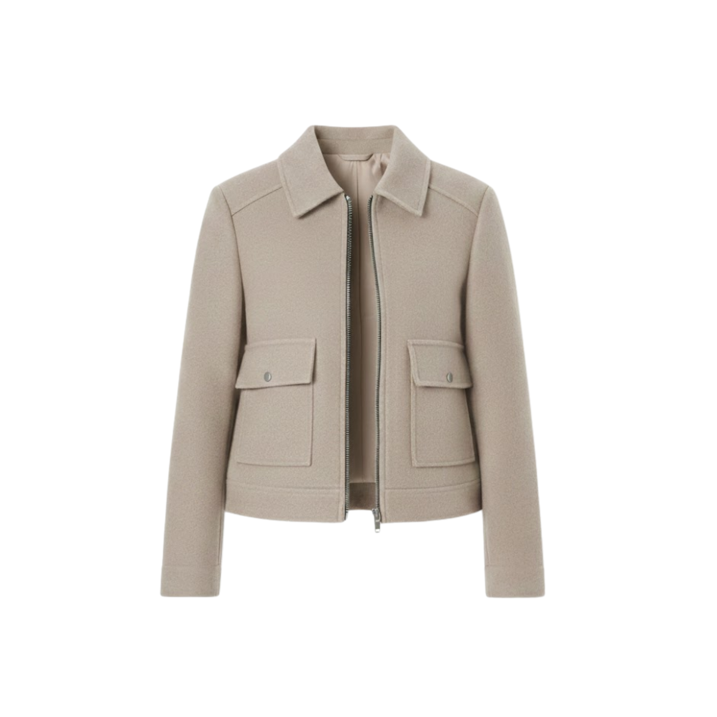 Women's short double-breasted jacket with tailored collar, stylish structured casual design