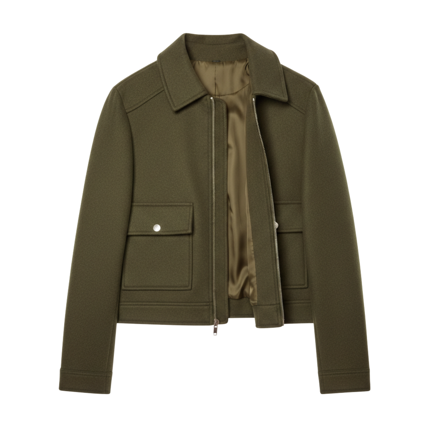 Short Polyester Jacket with Turn-Down Collar and Zipper Closure for Women