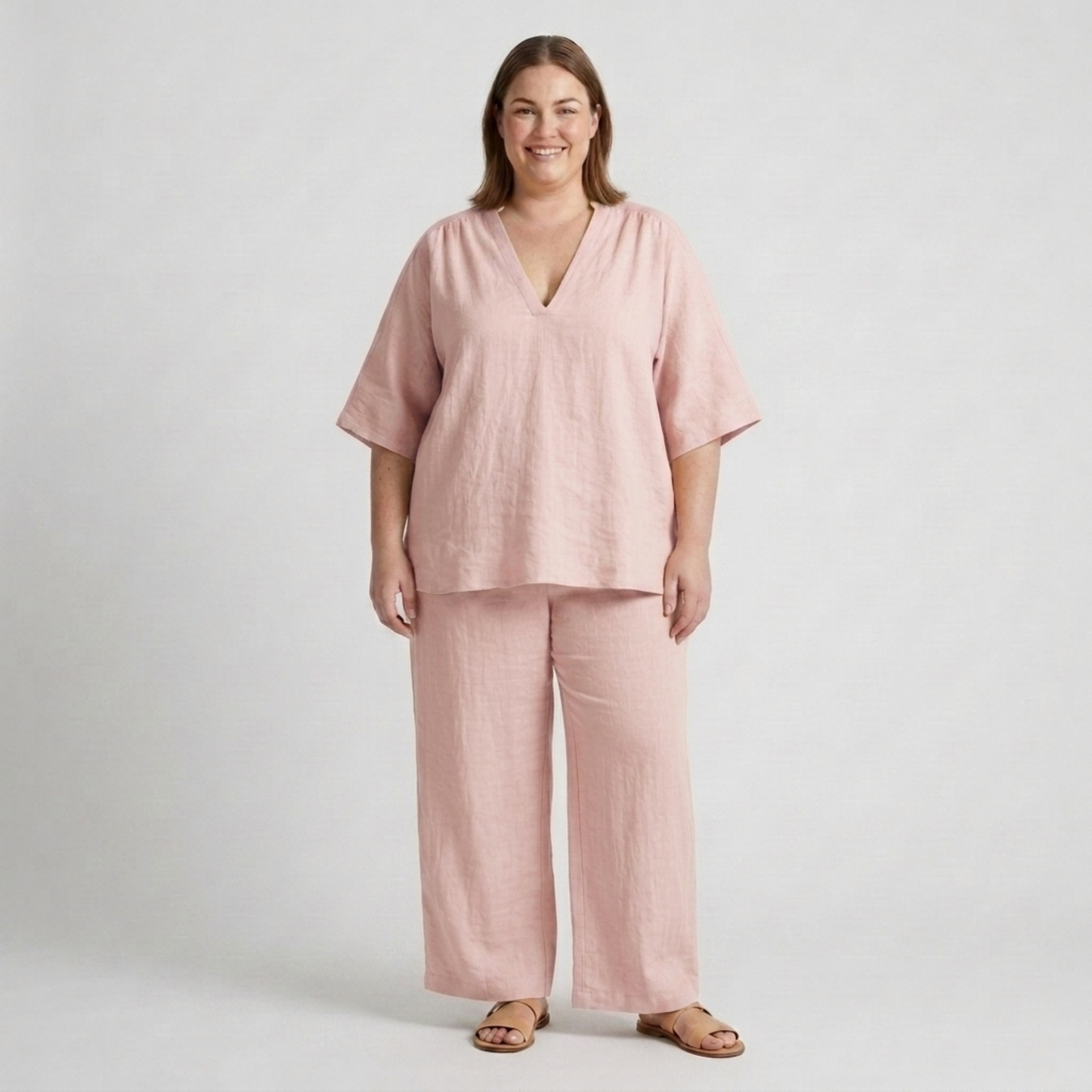 Plus size two-piece set for women with loose V-neck top and flowy pants