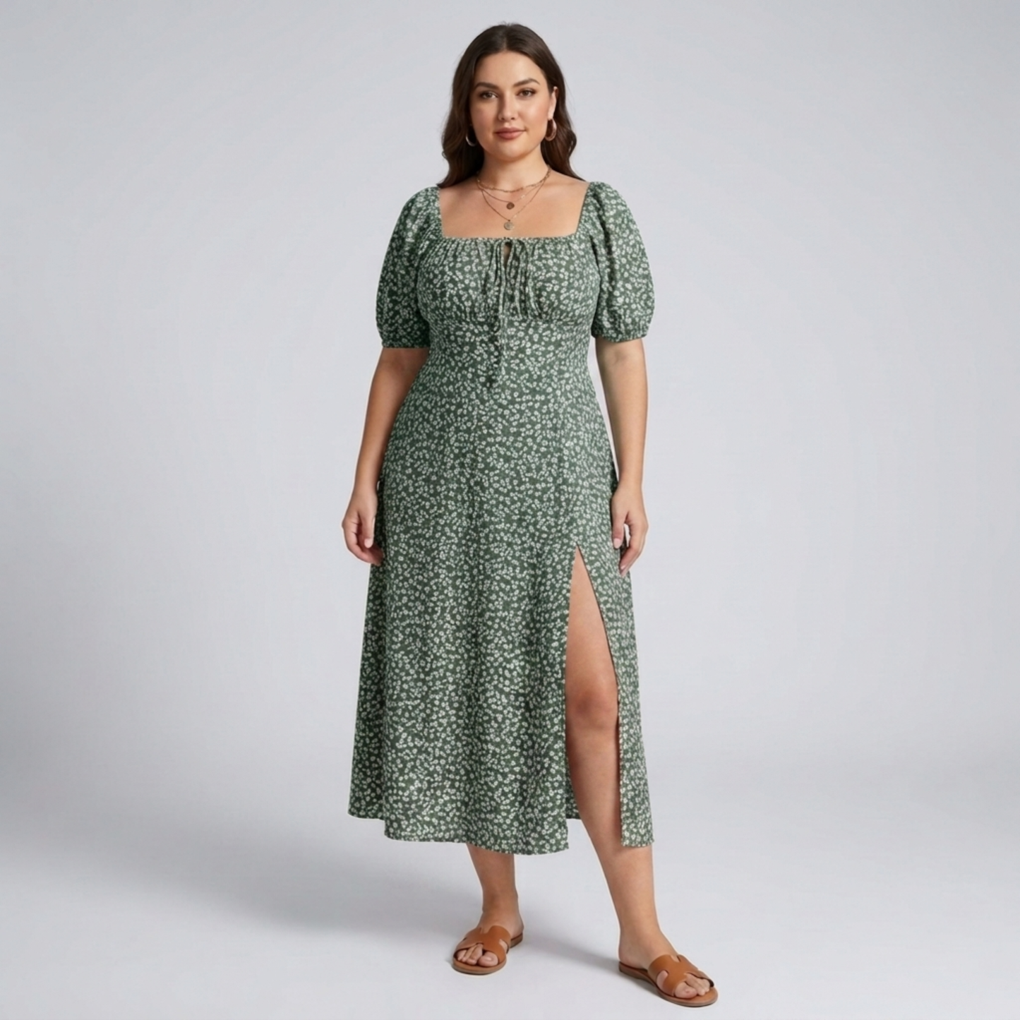 Plus size long dress with puff sleeves and print