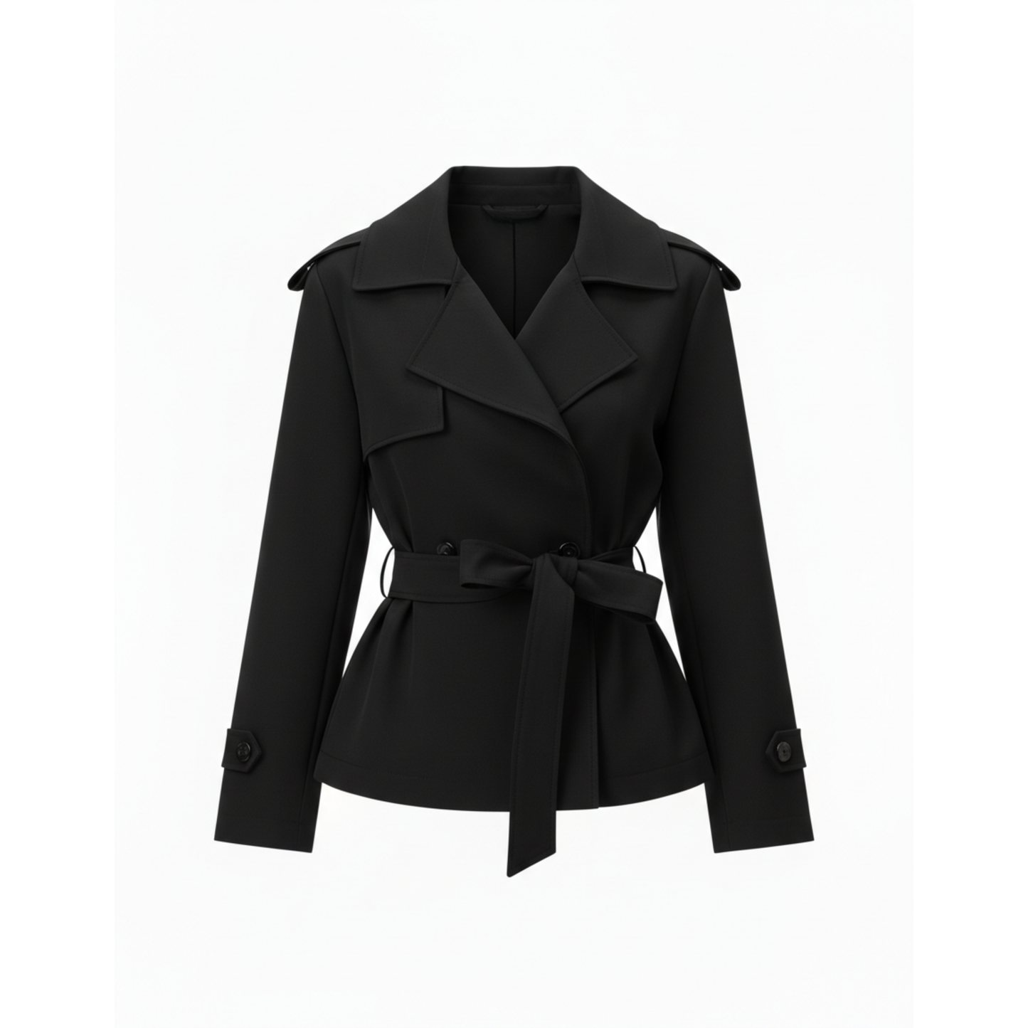 Short Polyester Trench Coat with Belt and Notched Collar for Women