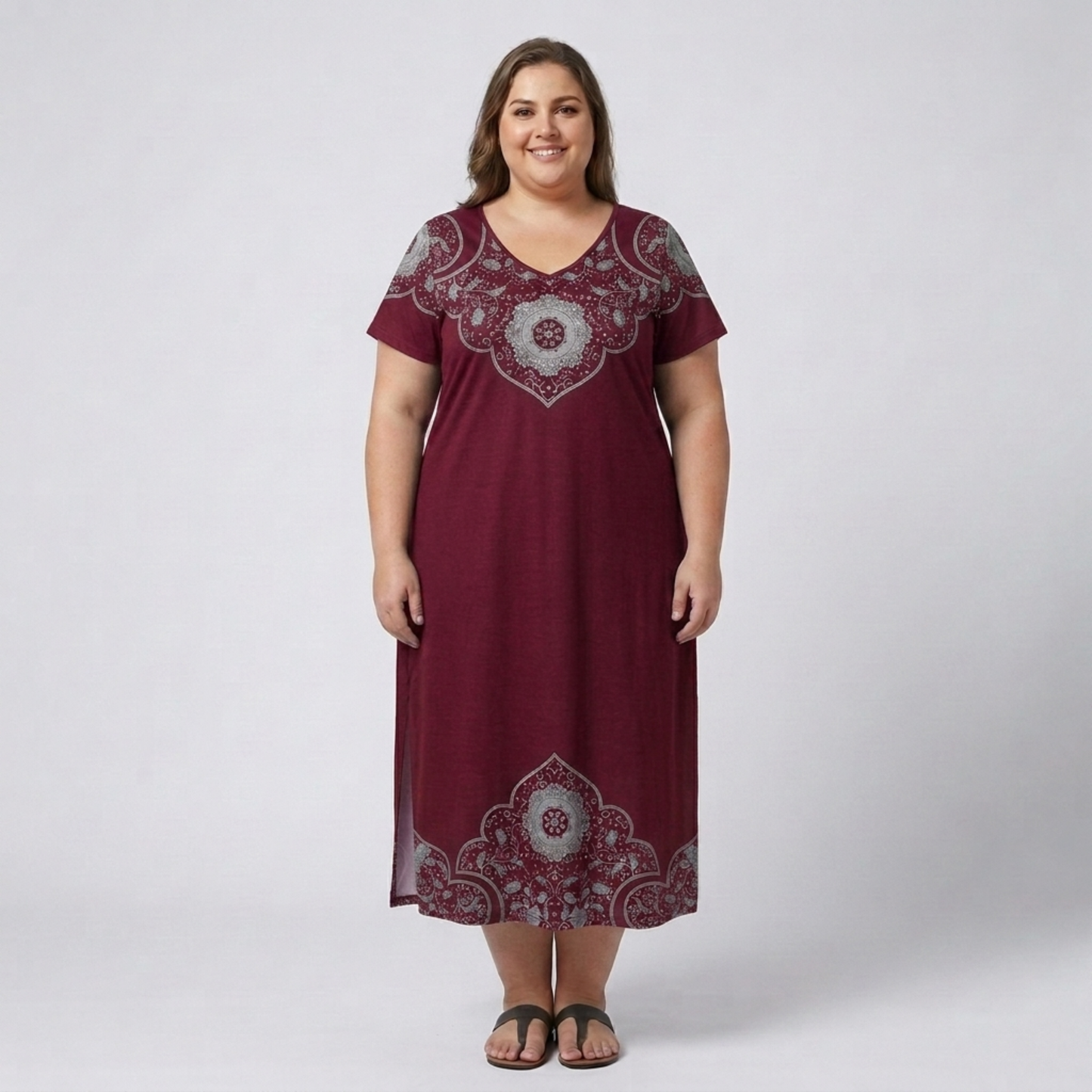 Plus size long dress for women with printed V-neck collar