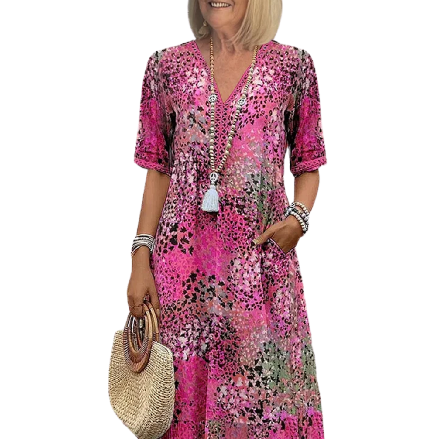 Women's mid-length flared dress — printed pattern and V-neck — casual