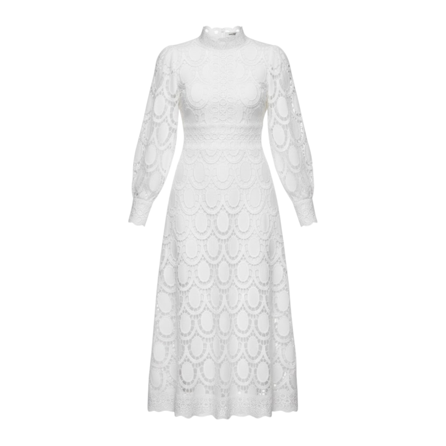 Long Lace Dress with Puff Sleeves and High Collar