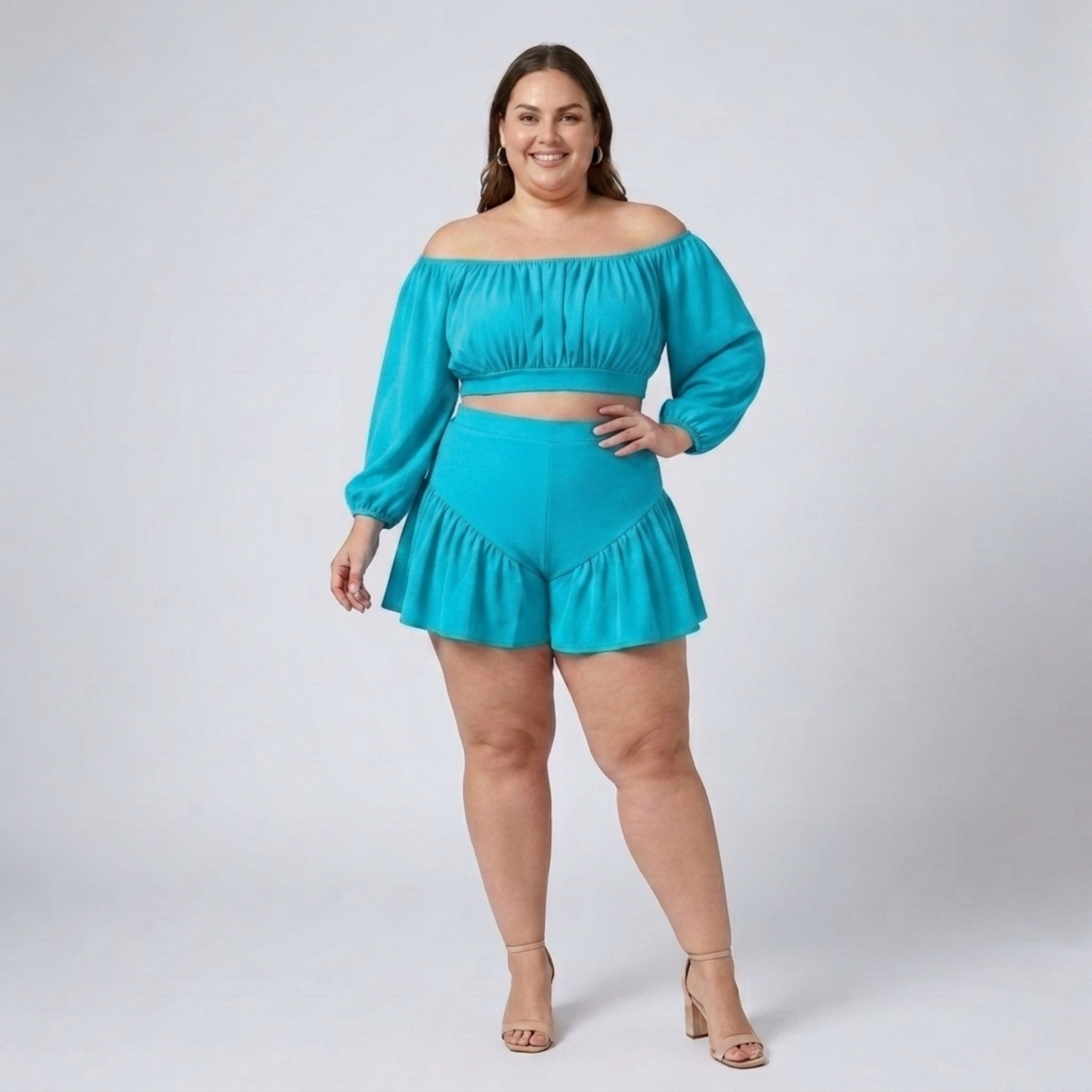 Plus size off-shoulder top and ruffled shorts set